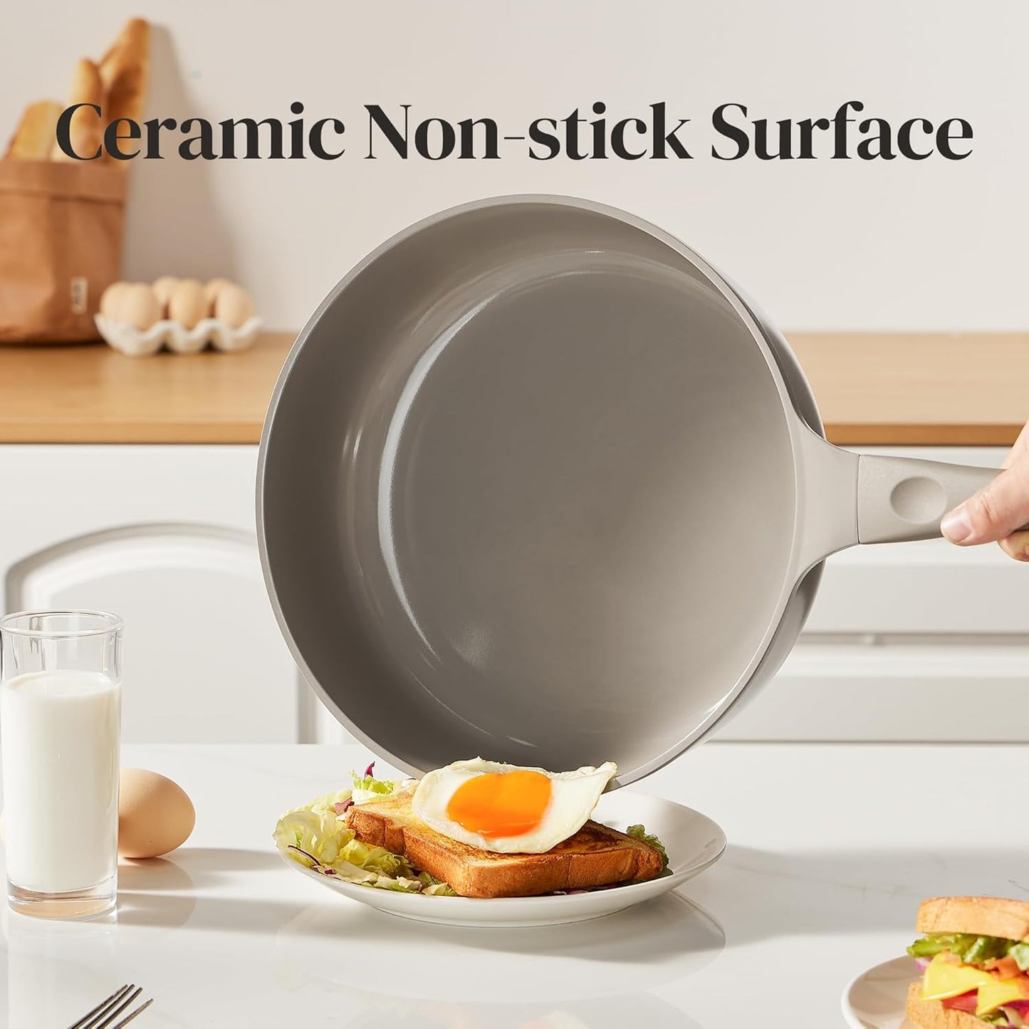 Redchef Ceramic Coated Nonstick Frying Pan with Cover, Large Deep Saute Pan Skillet, Induction Ready, Dishwasher Safe, PFOA PFOS Free, Non Toxic, Glass Lid Large Deep Frying Pan, Grey (5.5Qt, 12")