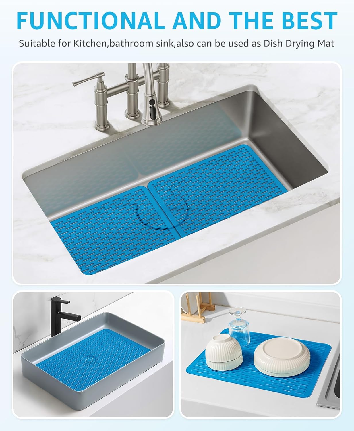 Bligli Mesh Sink Mat, 15.7 x 11.8inch Sink Prtector Mats for Kitchen Sinks, PVC Eco-Friendly Sink Protectors for Bottom of Sink, Fast Draining, Easy Cleaning, Clear Blue