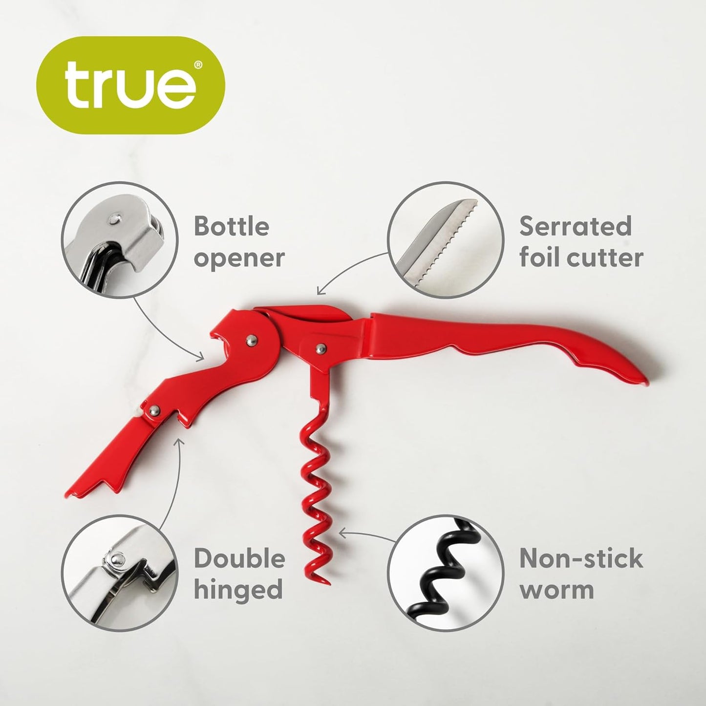True Brands TrueTap Double Hinged Waiters Corkscrew, Top-notch Stainless Steel Opener with Foil Cutter Built to Last Wine Key Solid Red, Set of 1