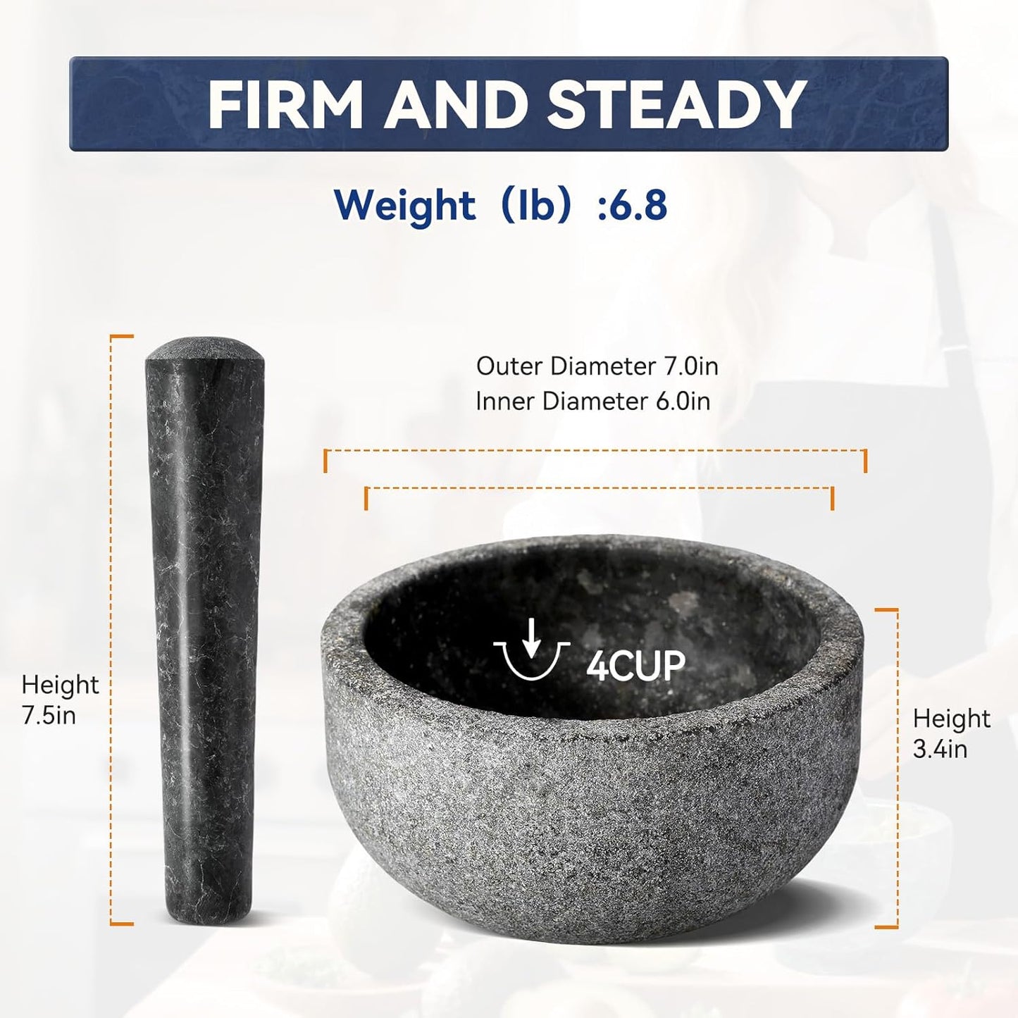 Koville Granite Mortar and Pestle Set, 7"-4 Cups Unpolished Stone Grinder Bowl for Guacamole, Salsa, Pill Crusher, Spice, Herb, Garlic, Nut, Heavy Duty Grinder for Kitchen(Angola Silver Black)
