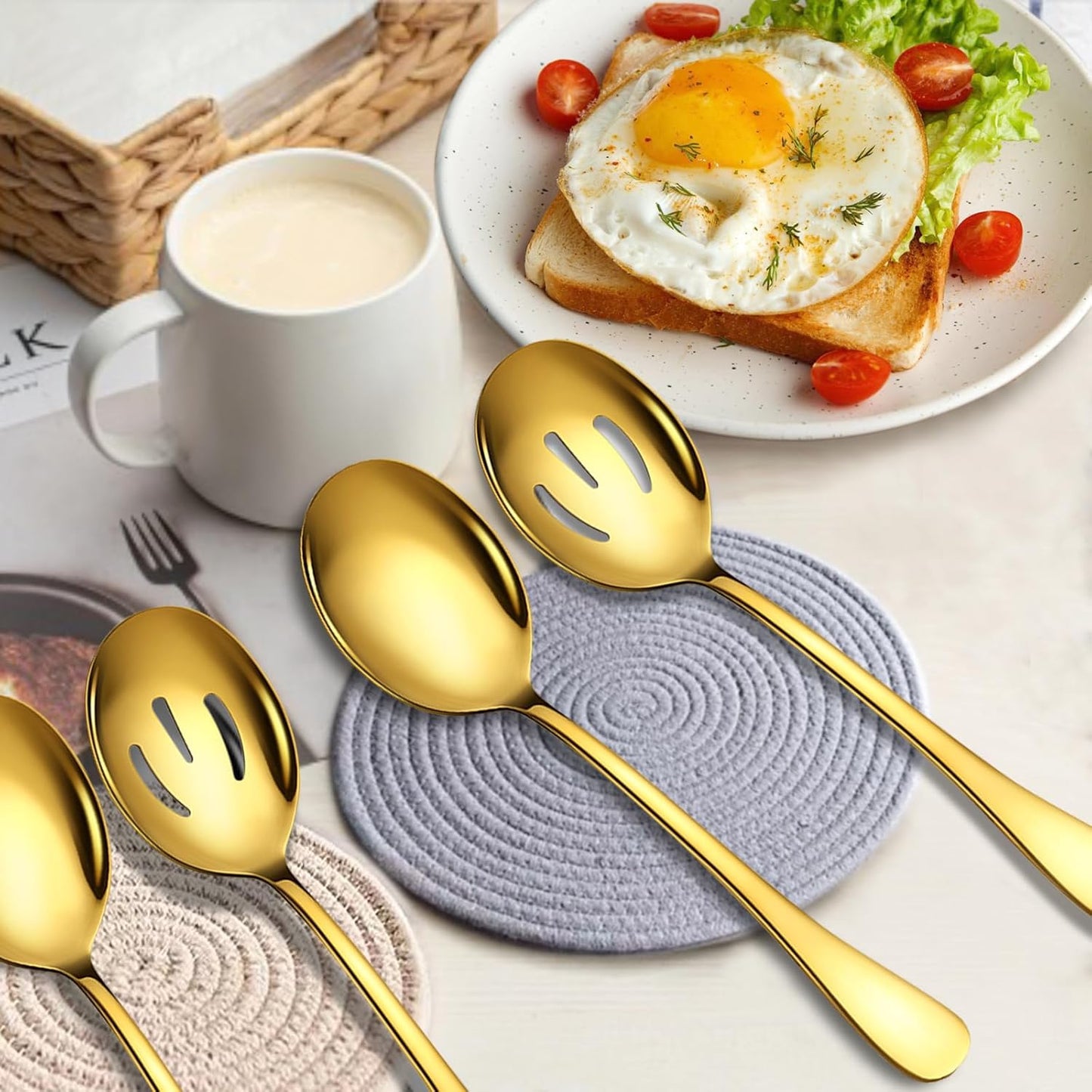 Gold Large Serving Spoons, 8 Pieces Large Stainless Steel Serving Spoons Set Includes 4 Large Serving Spoon,4 Large Slotted Spoons. Serving Spoons for Parties/Buffet, Dishwasher Safe, 10-Inch