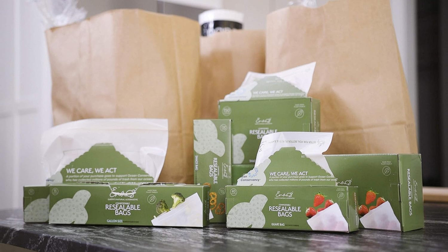 100% Compostable Food Storage Bags [Gallon 50 Pack] Eco-Friendly Freezer Bags, Resealable Bags, Heavy-Duty, Reusable, Off-White by Earth's Natural Alternative