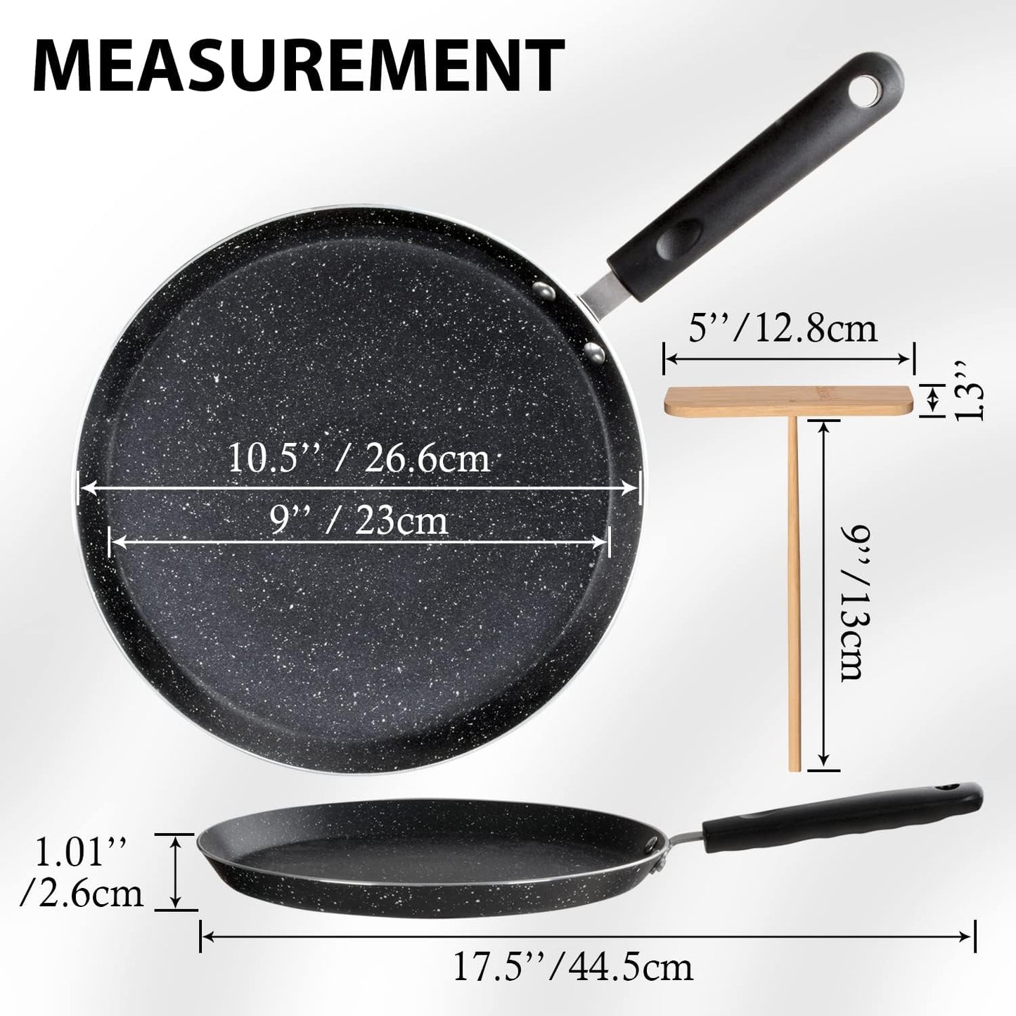 Buecmue 10.5 Inch Nonstick Crepe Pan with Spreader, Granite Coating Skillet Pan for Roti Egg Omelet Tortilla Tawa Dosa, Flat Frying Pan, Induction Compatible PFOA & PTFEs Free
