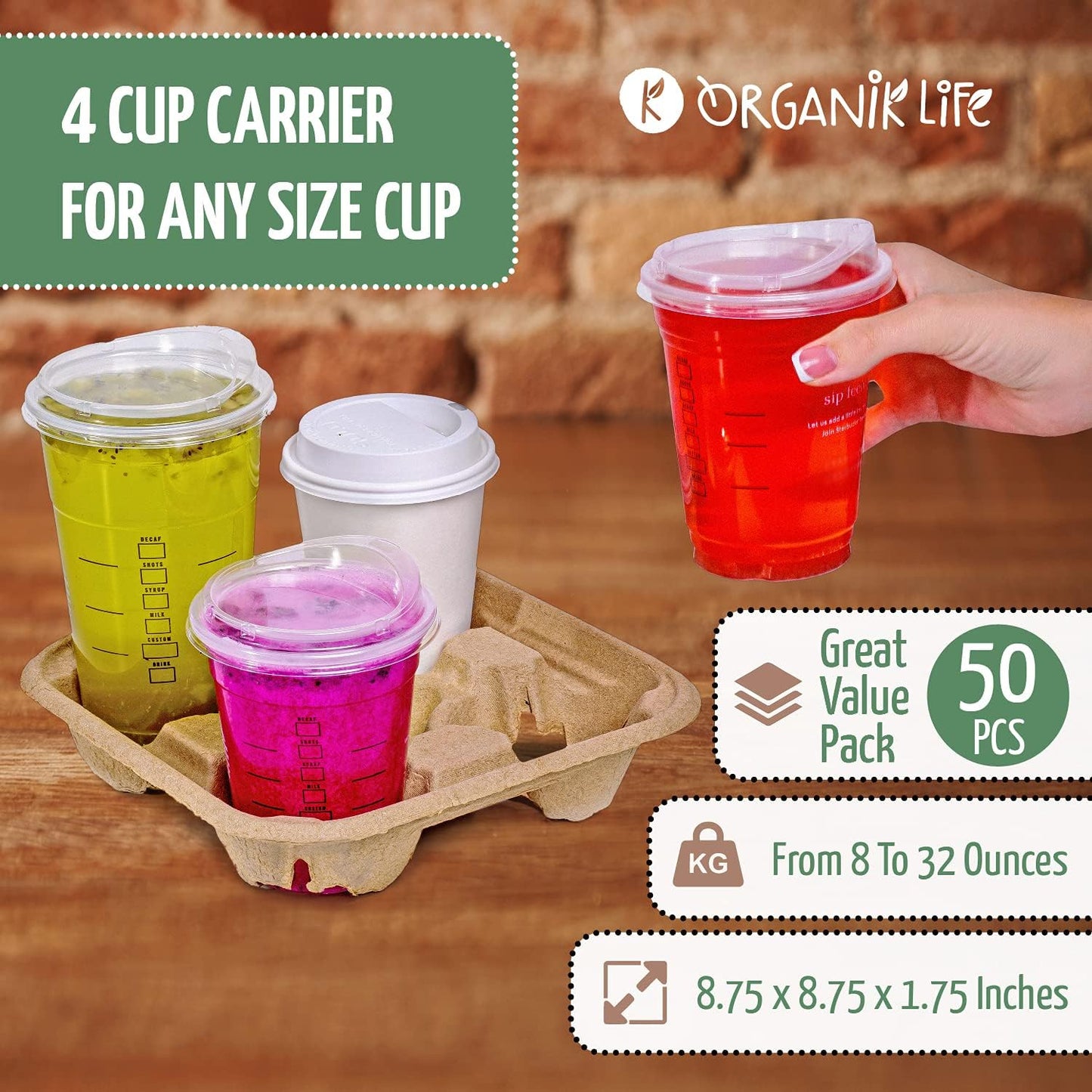 4 Cup Carrier Tray (50-Pack), No-Spill, No-Mess Disposable Holder, Biodegradable, Eco-Friendly for Delivery of Hot or Cold Drinks, Ideal To Go Carrier for Car Food Delivery