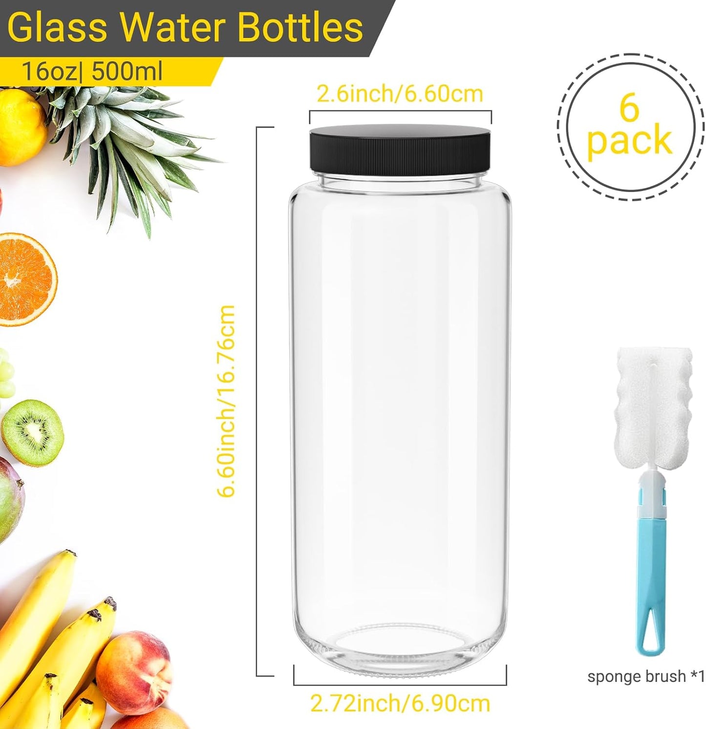 Keketin 16 oz Glass Juice Bottle with Airtight Lids,Set of 6 Wide Mouth Water Bottles for Beverages,500ML Reusable Empty Glass Drinking Jars for Juicing,Smoothies,Ginger and Milk