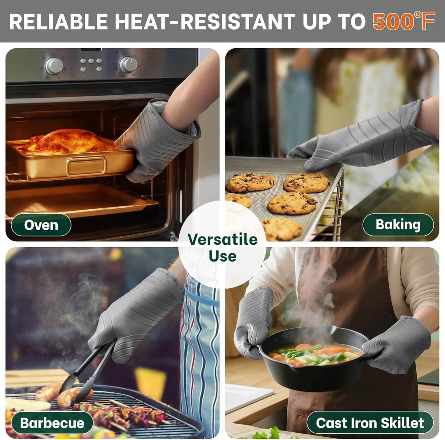 Beneno BPA-Free Silicone Oven Mitts, Heat Resistant Waterproof Oven Mitts with Non-Slip Textured Grip, Comfortable Quilted Lining, Kitchen Pot Holders for Cooking, Baking, Grilling, 7"x13", 2Pcs Gray