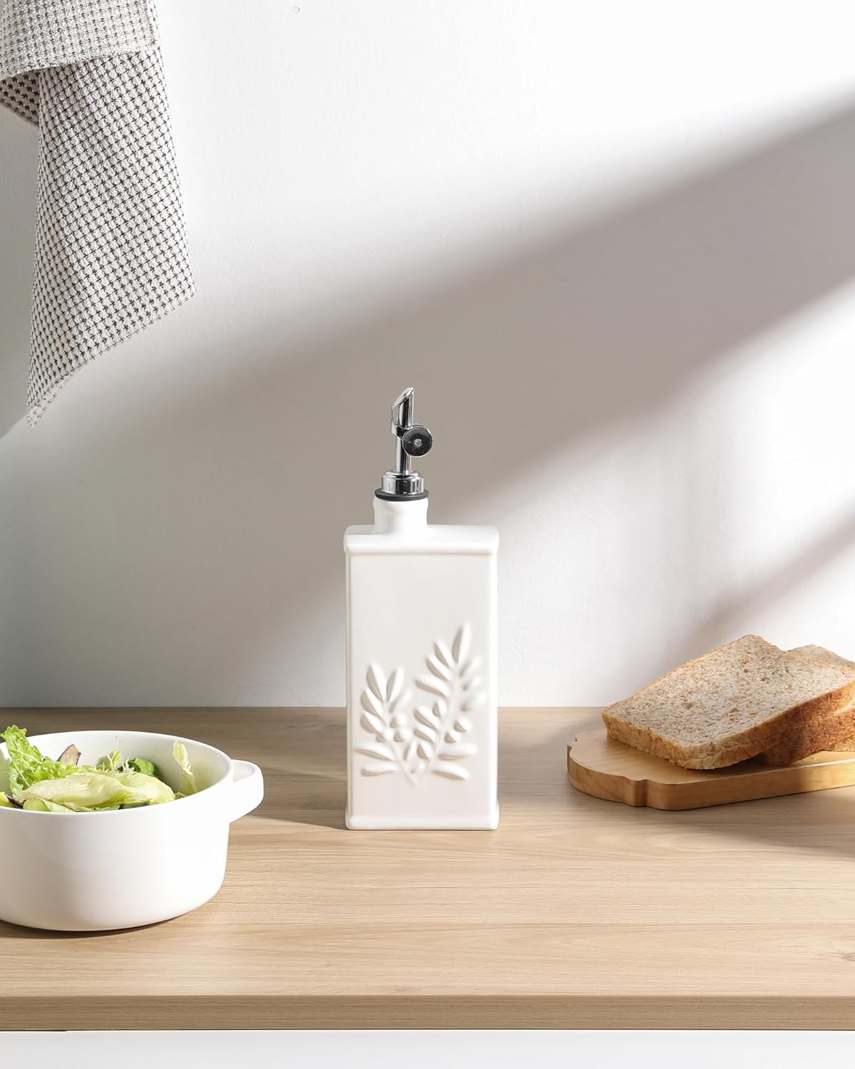 Sweejar Ceramic Olive Oil Dispenser Bottle for Kitchen, 17 Oz Relief Opaque Oil and Vinegar Dispenser Bottle with Spout, Suitable for Soy Sauce, Coffee Syrup, Liquids (White)