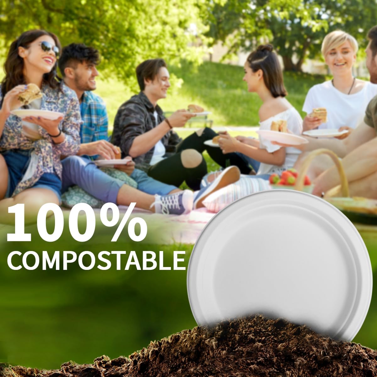 9 Inch Compostable Paper Plates 【White150 Pack】,100% Sugarcane Bagasse Medium Disposable Plates, Sturdy Heavy Duty, Biodegradable Dinnerware for Party, BBQ, Picnic, Camping