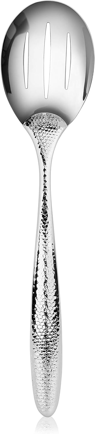 New Star Foodservice Mars Collection, Stainless Steel, 18/8 Hammered Hollow Handle Slotted Serving Spoon, 13-Inch, 4.8 Ounces