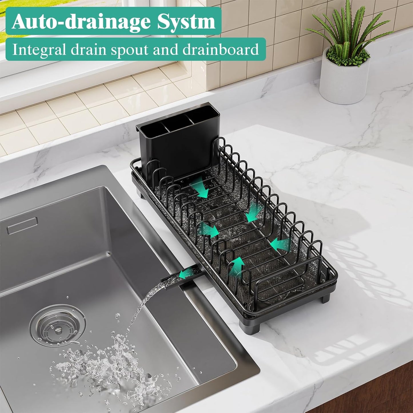 Giwil Small Dish Drying Rack, Compact Dish Rack with Drainboard for Kitchen Counter, Multifunctional Rustproof Dish Drainer Plate Organizer Used Over Sink & on Countertop, Black