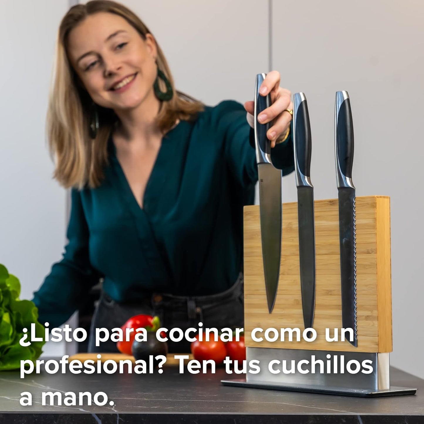 Coninx Magnetic Knife Holder with display stand, Double Sided Strong Magnetic Knife block for Kitchen counter top, Universal empty storage Organizer Block (Bamboo Wood)