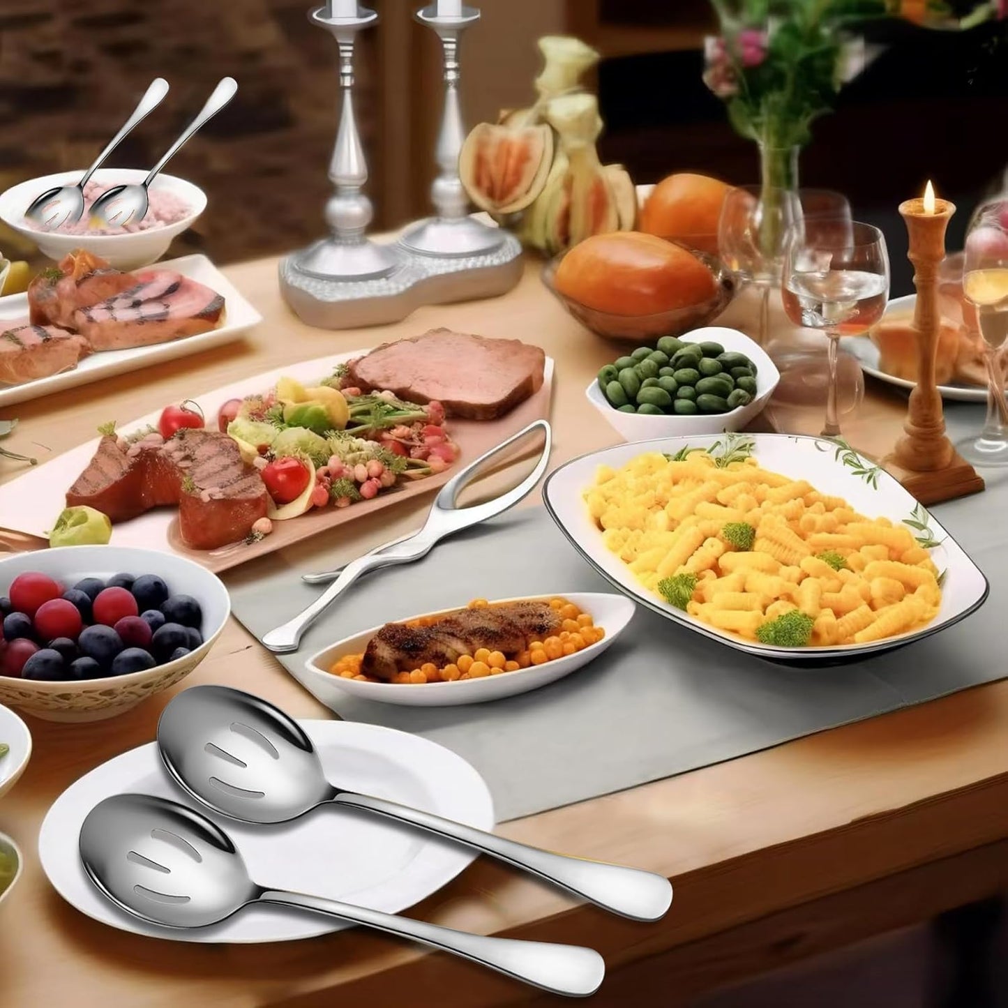 Large Serving Spoons, 8 Pieces Large Stainless Steel Serving Spoons Set Includes 8 Large Slotted Spoons. Serving Spoons for Parties/Kitchen/Buffet, Dishwasher Safe, 10-Inch, Silver