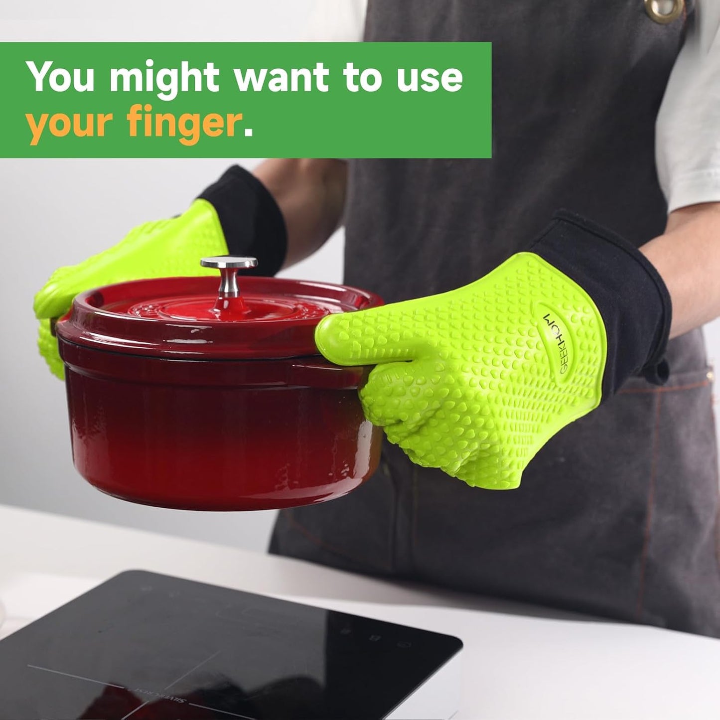 GEEKHOM BBQ Gloves Heat Resistant Oven Mitts - Silicone Grilling Gloves with 13.7" Arm Protection - Waterproof Pot Holder Non-Slip for Men & Women, Kitchen Outdoor Cooking, Baking, Camping, Green