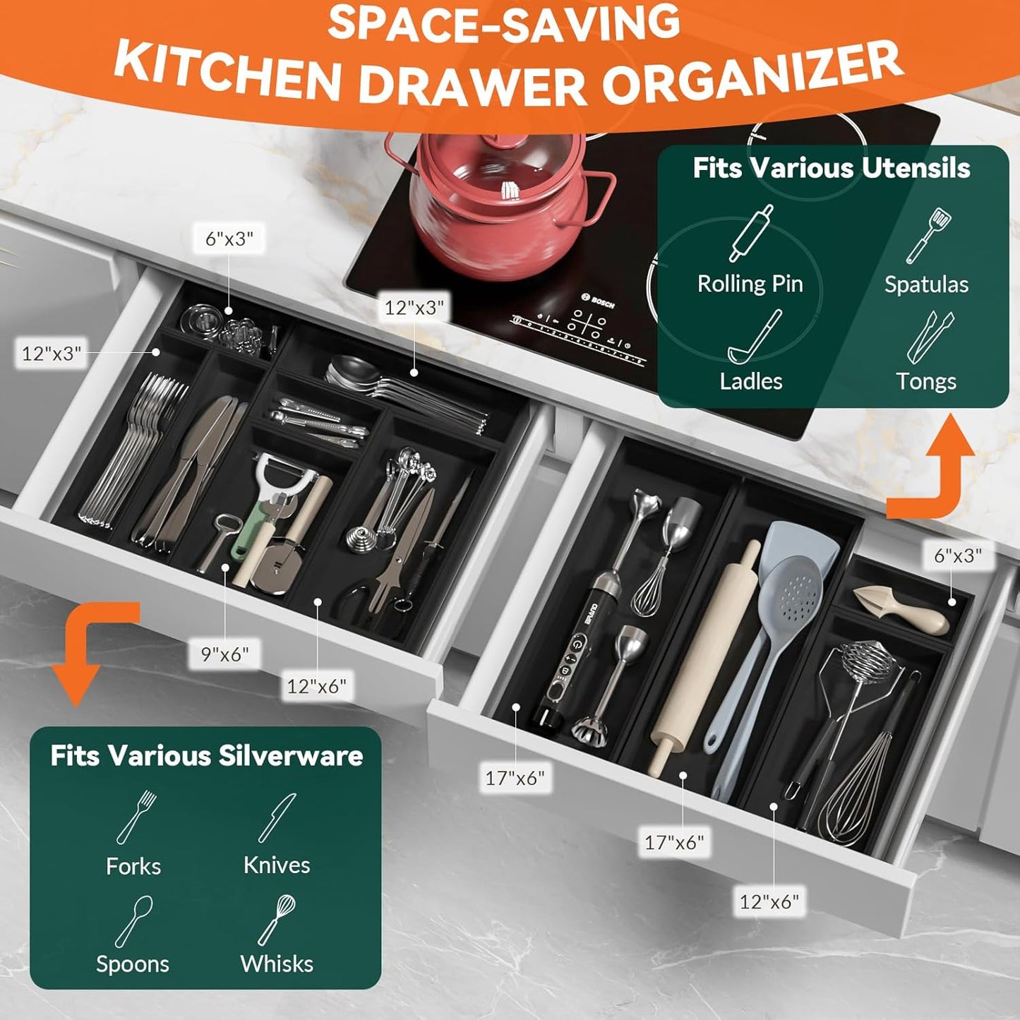 Bamboo Drawer Organizer, Extra Large Silverware Organizer for Kitchen Drawer, Stackable Utensil Organizer, 2 Pcs Toilet Tank Topper Tray, Wooden Toilet Paper Basket (Black, 17 X 6 X 2 Inch)