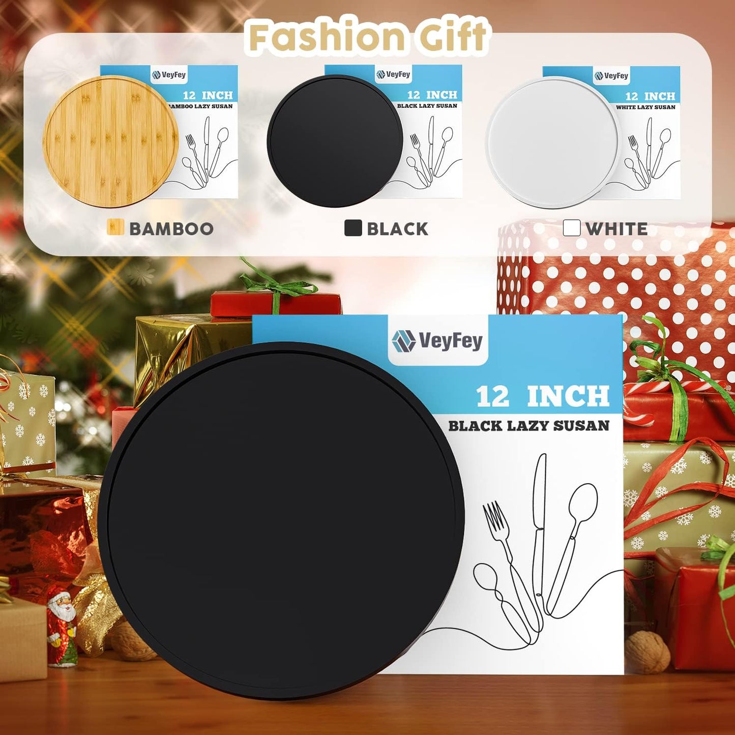 Lazy Susan for Table, 12 Inch Non-Skid Bamboo Turntable Organizer for Salt Pepper Spices and Olive Oil Next to Stove, Wooden Rotating Tray for Kitchen Countertop Organizer Black