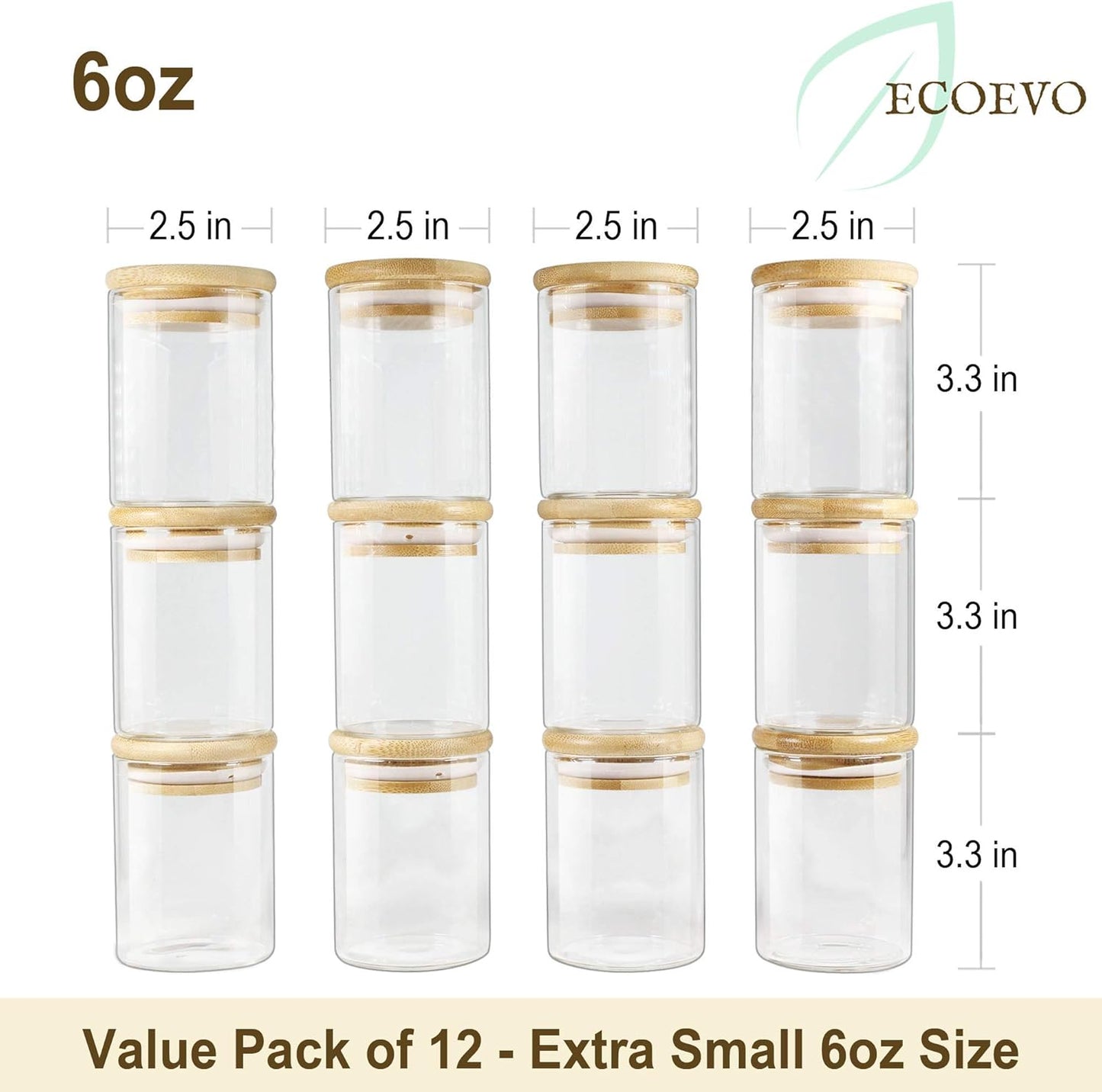 Glass Jars with Bamboo Lids (6oz in 12 Pack), Small Glass Food Jars and Canisters Sets, Glass Spice Jars with Airtight Lids, Glass Pantry Jars, Glass Jars for Spice and Hearbs.