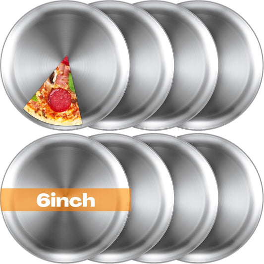 Thenshop 8 Pieces 6 Inch Pizza Pans Bulk Stainless Steel Sets Round Bakeware Pizza Trays for Oven Kitchen Baking Home Restaurant Safe Sturdy Reusable Easy Clean (Matte Silver)