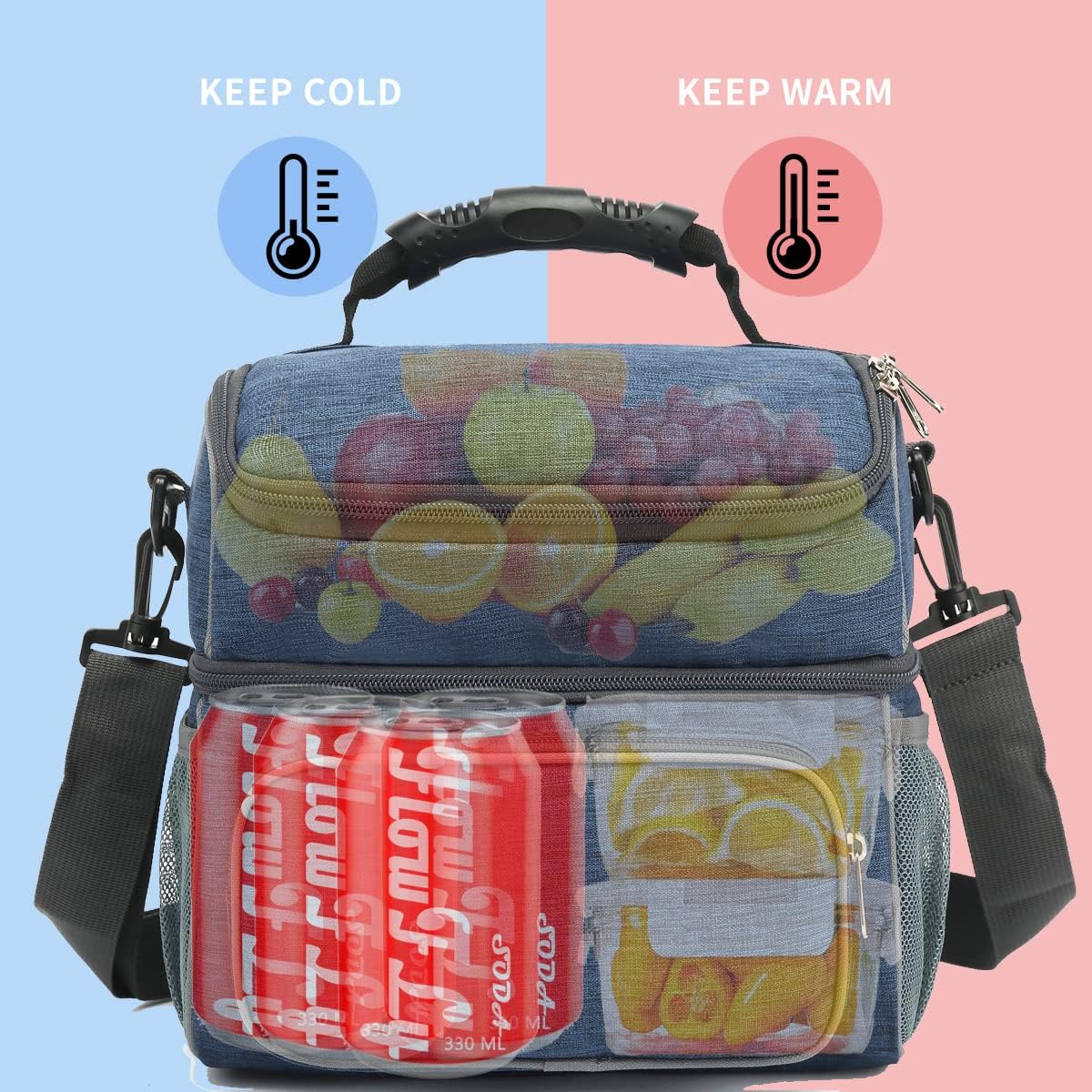 FlowFly Double Layer Cooler Insulated Lunch Bag Adult Lunch Box Large Tote Bag for Men, Women, With Adjustable Strap,Front Pocket and Dual Large Mesh Side Pockets