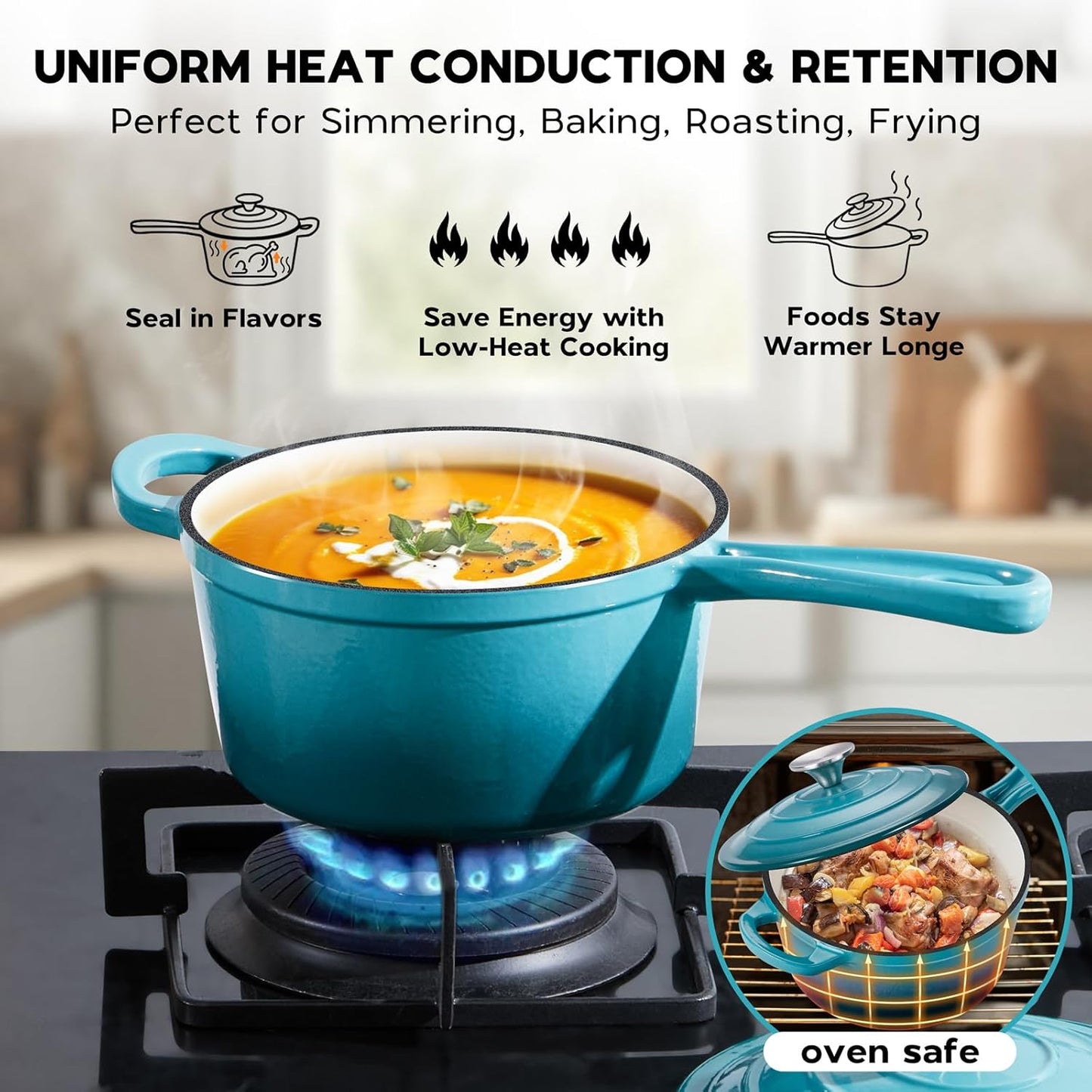 1QT Saucepan with Lid, Onader Enameled Cast Iron Sauce Pan, Small Cast Iron Pot for Cooking, Enameled Dutch Oven Nonstick & Heavy Duty – Dark Cyan