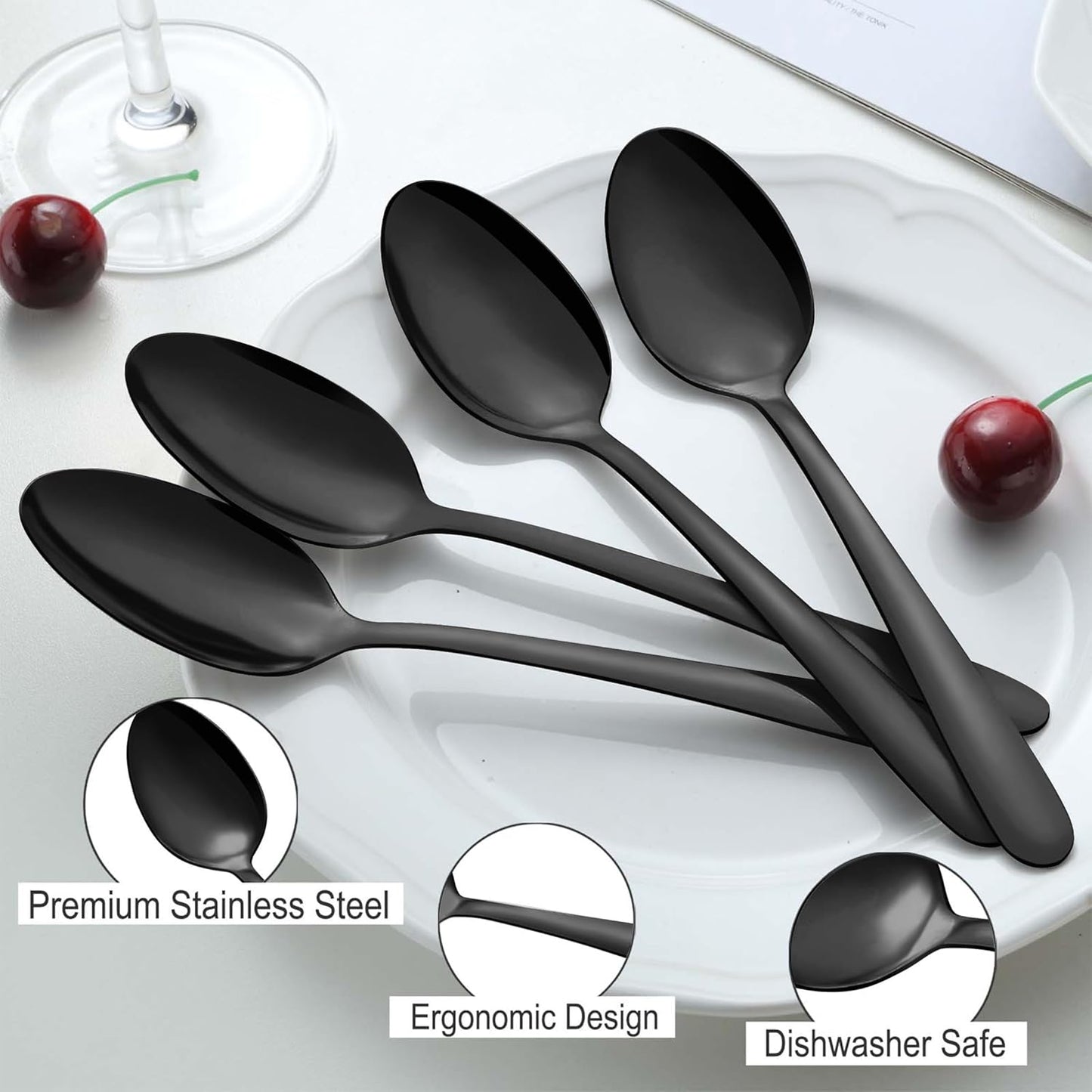 Pleafind 36Pcs Black Dinner Spoons Set - 7.4 inch, Spoons Silverware, Stainless Steel Spoon, Mirror Polished Tablespoon, Black Silverware Set for Home, Kitchen, Restaurant, Dishwasher Safe