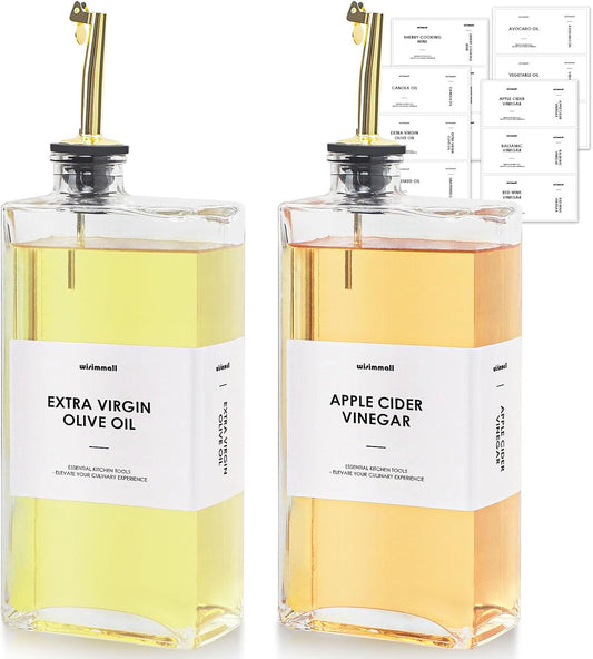 Olive Oil Dispenser For Kitchen, Glass Oil Bottle 500ML Oil And Vinegar Dispenser Set Of 2, Cooking Oil Dispenser With 2 Stainless Steel Pourers & 44 Labels, Soy Sauce Dispenser, Coffee Syrup Bottles