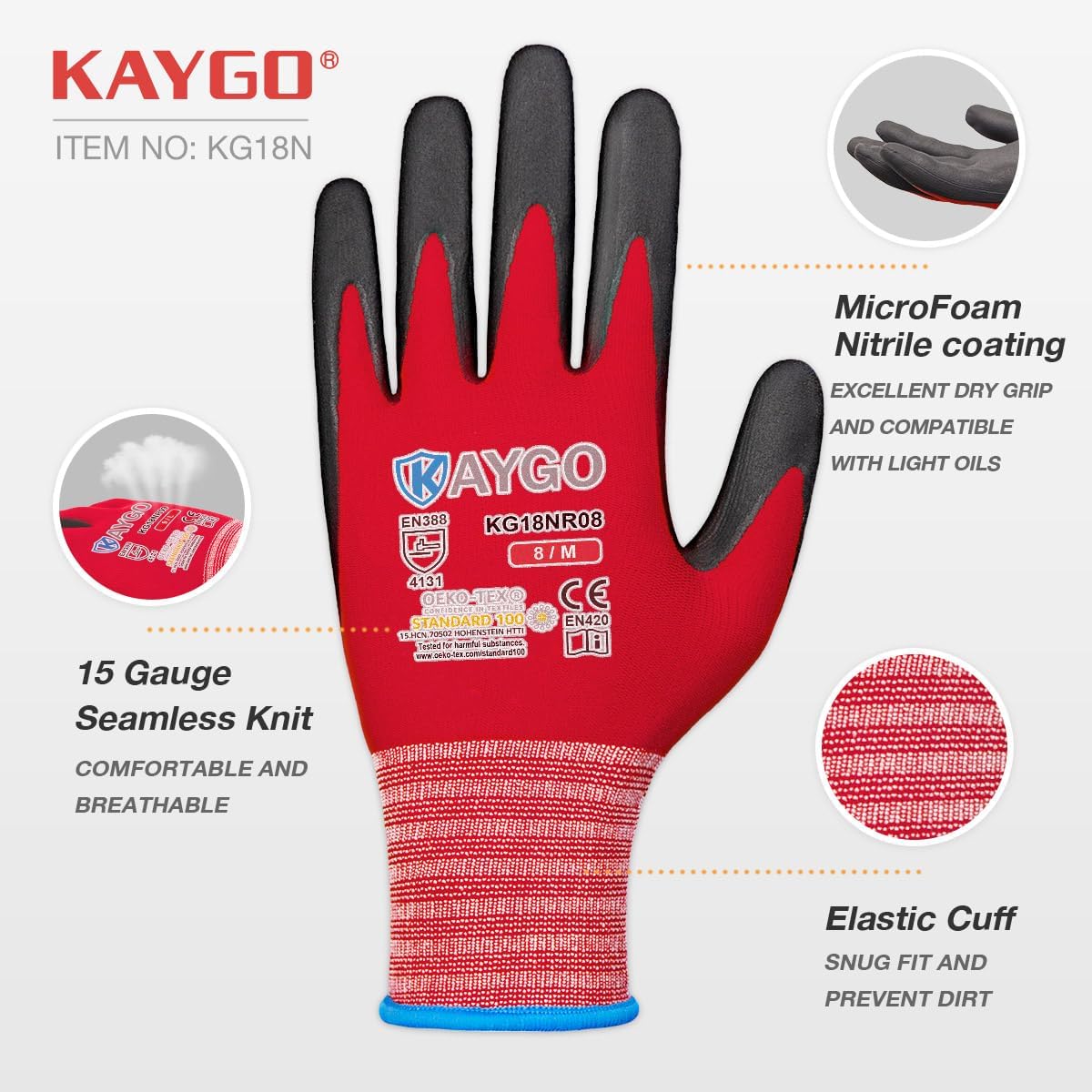 KAYGO Safety Work Gloves MicroFoam Nitrile Coated-3 Pairs, KG18NB,Seamless Knit Nylon Glove with Black Micro-Foam Nitrile Grip,Ideal for General Purpose,Automotive,Home Improvement,Red small
