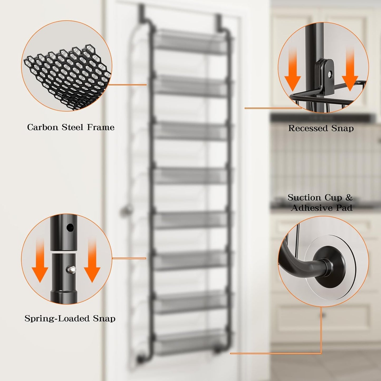 MIAOLI Over the Door Pantry Organizers and Storage, 8-Tier Spice Rack, Home & Kitchen Storage Shelves for Cabinet, Large Capacity Hanging Seasoning Organizer, Laundry Room Organization, Black