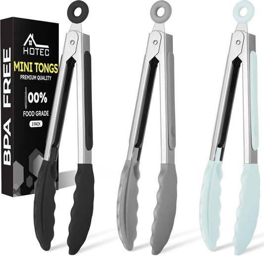 Hotec Mini Silicone Kitchen Tongs for Cooking - 7-Inch Small Serving Tongs with Silicone Tips, Set of 3 (Black,Grey,Light Blue)