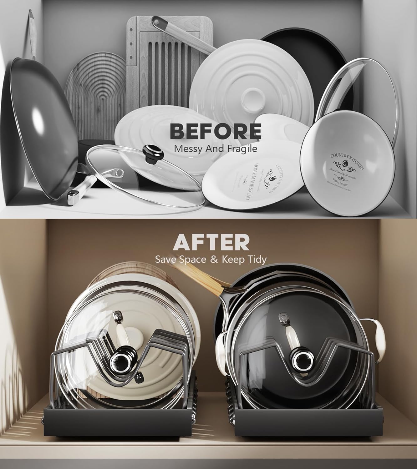 Pull Out Pots and Pans Organizer Under Cabinet, Sliding Lid Holder and Pan Rack in Kitchen, Slide Out inside Cabinet Storage for Pot Lid, Bakeware, Dishes, 8 Adjustable Dividers, 1 Pack Black