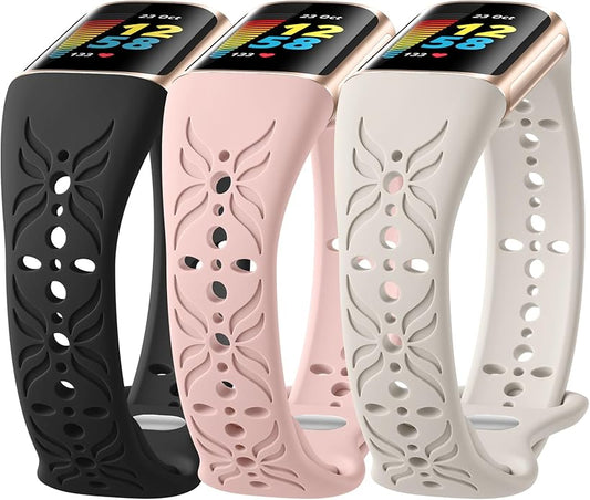 Maledan Slim Engraved Band Compatible for Fitbit Charge 6/Charge 5 Bands Women Men, Elegant Hollow-out Pattern Bracelet Strap Loops Wristbands for Fitbit Charge 5/Charge 6 Fitness Tracker Accessories