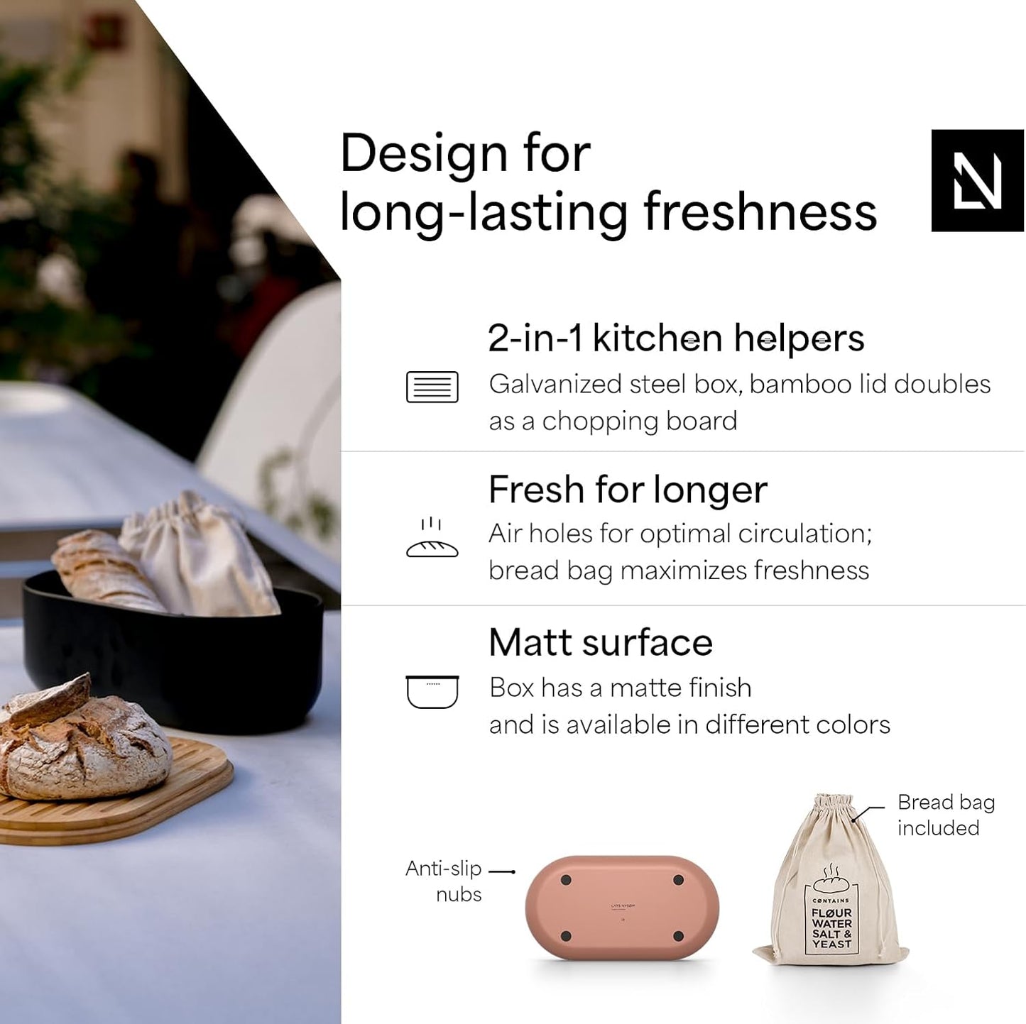 LARS NYSØM Bread Box I Metal Box with linen bag for long lasting freshness I Bread Bin with bamboo lid usable as cutting board I 14.2x7.5x5.1 In (Brick Red)