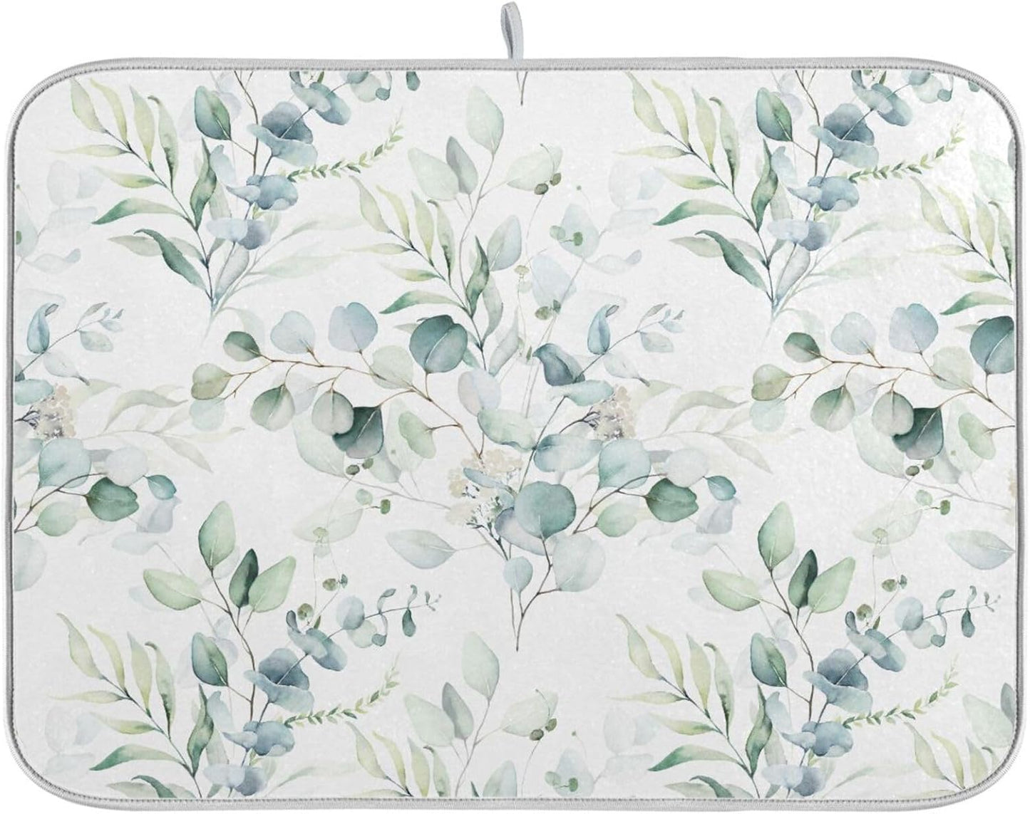 Green Sage Eucalyptus Leaves Dish Drying Mat for Kitchen Counter Absorbent Microfiber Drying Pad, Medium 16x18 in, Reversible Drainer Mats