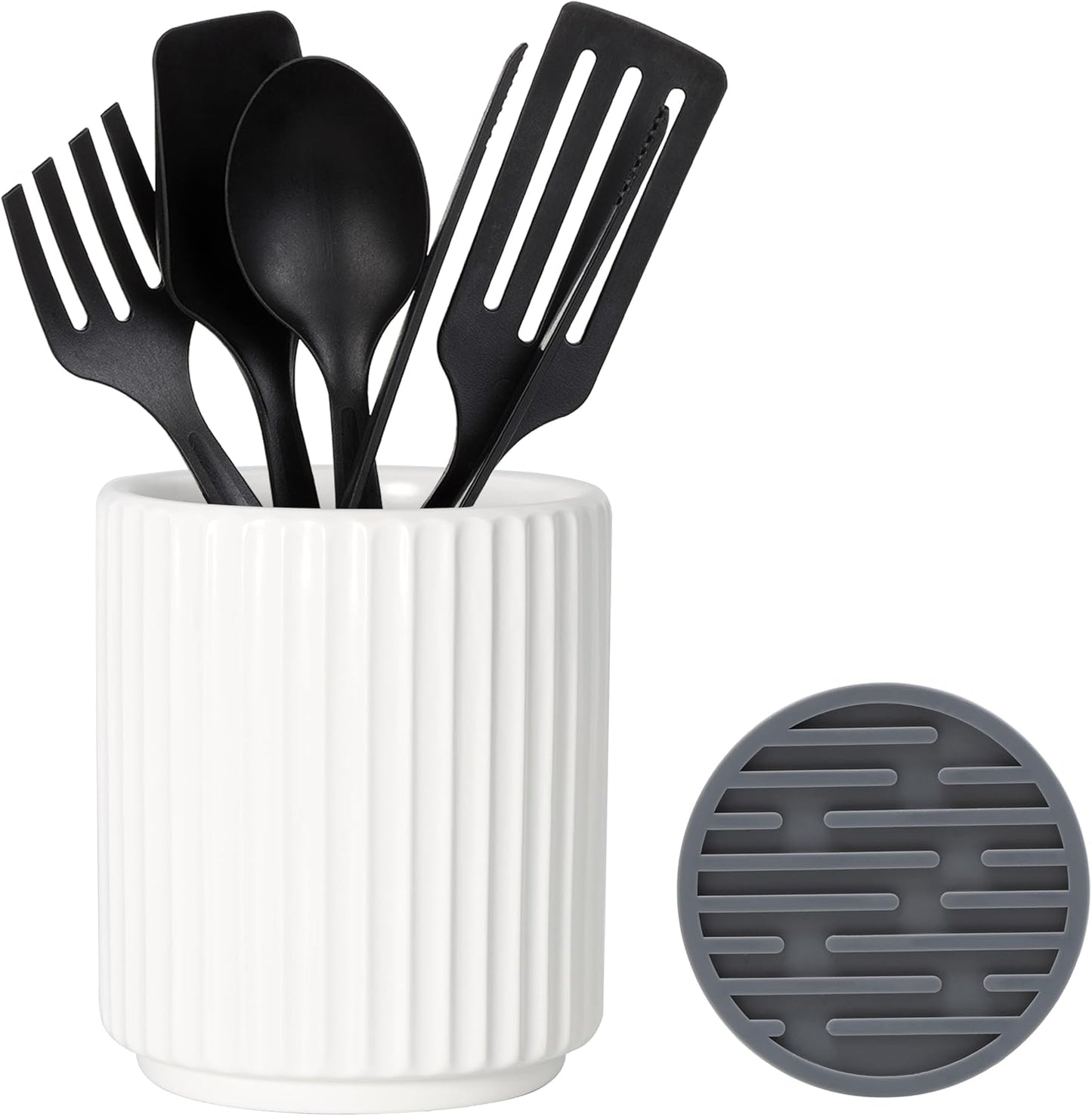 Small Utensil Holder for Kitchen Counter (H5.51” x W4.92”), Countertop Utensil Holder for Kitchen Ceramic, Utensils Crock for Countertop, Includes Silicone Drying Mat, White