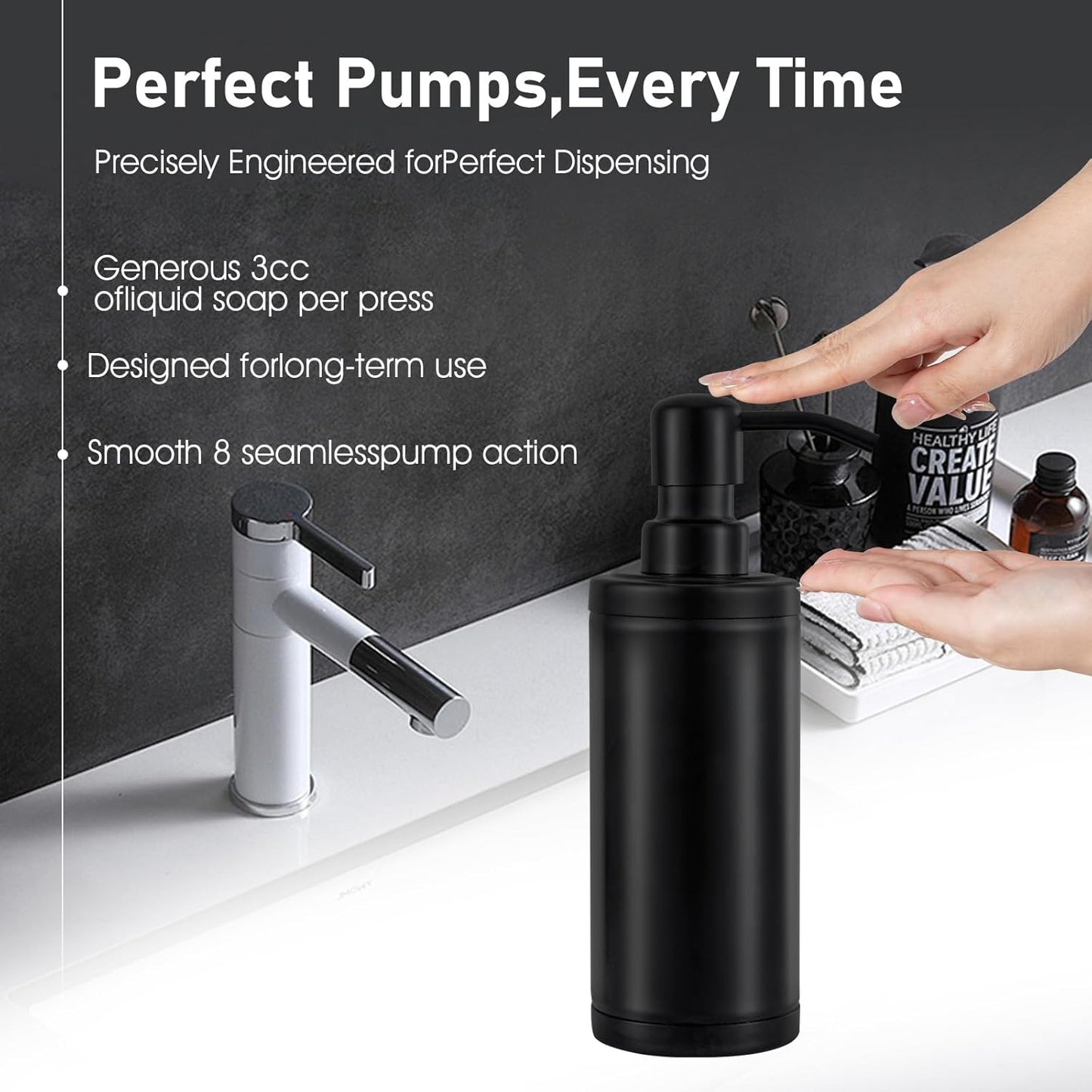 GAPPO Matte Black Soap Dispenser Stainless Steel Metal Pump Hand Lotion Bottle for Bathroom, Bedroom and Kitchen(300ML/10.15Ounce)