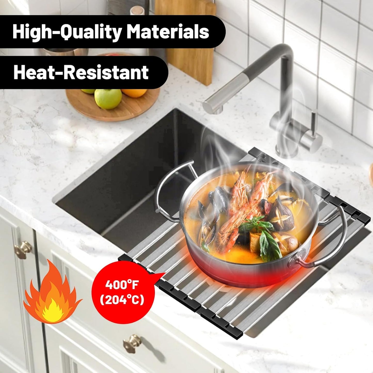 21.5" X 13" Dish Drying Rack, Over Sink Drying Rack, Kitchen Roll Up 304 Stainless Steel Drain Rack, Roll Up for Kitchen and RV Sinks, Black