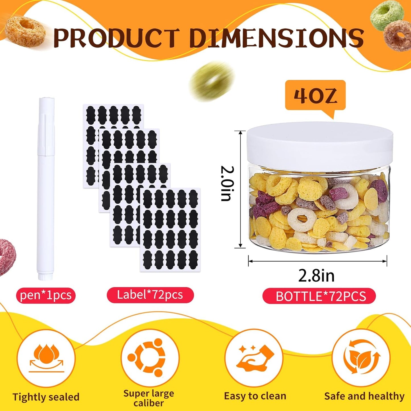 72pcs 4 oz Plastic Containers with Lids Labels Leak Proof BPA Free Airtight Refillable Clear Small Containers Storage Jars for Storing Dry Food Slime Honey Jam,white