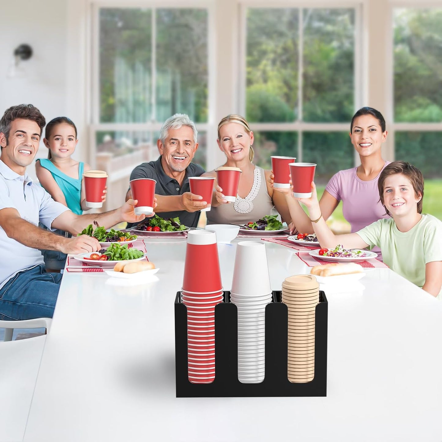 WINFFOR Disposable Cup Organizer Dispenser - 3 Compartments Black Acrylic Cup and Lid Holder with Handles Plastic Cup Dispenser Countertop Paper Cup Holder for Coffee Bar House Party Essentials