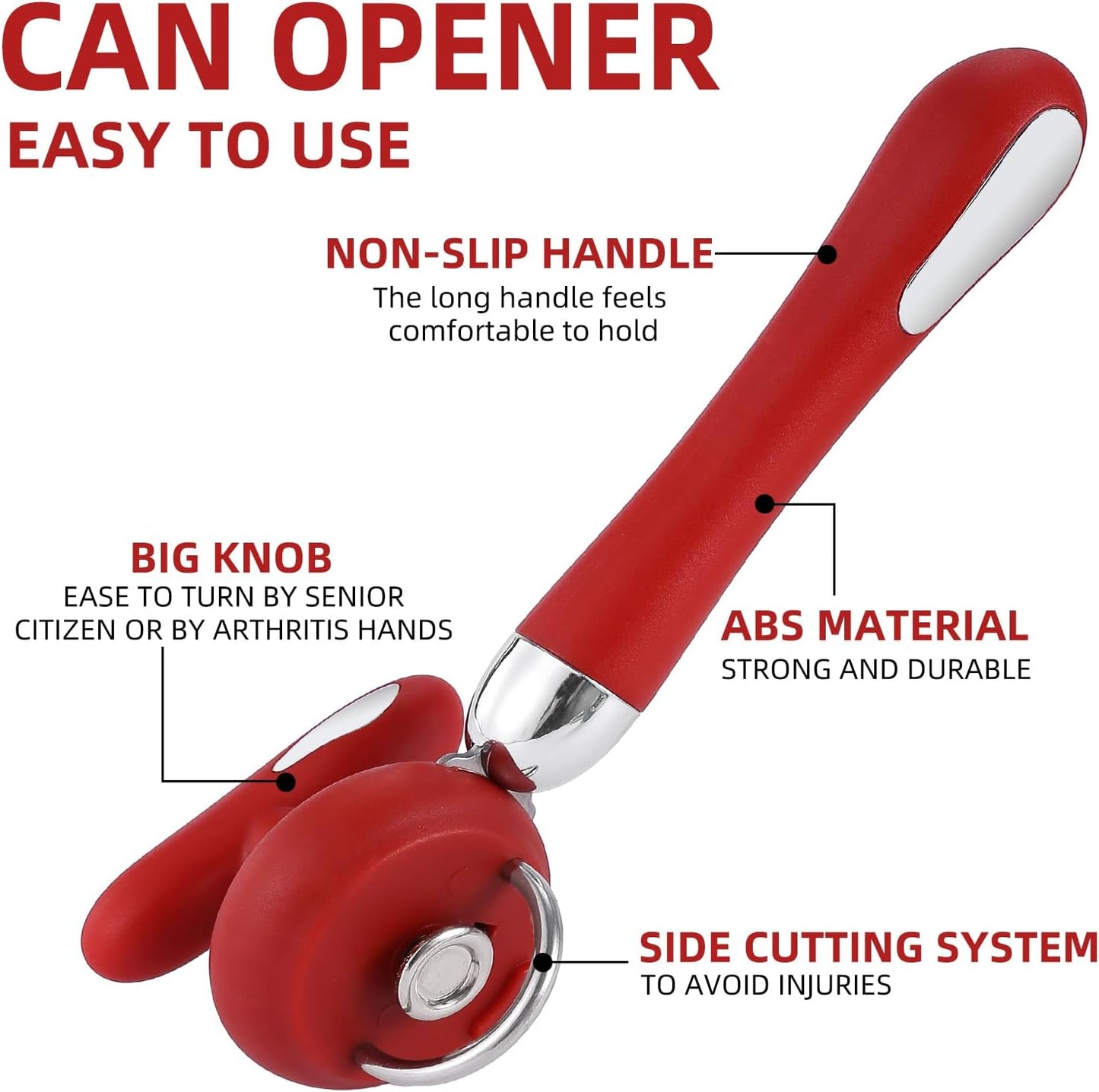 Can Opener Manual Tin Opener Stainless Steel Heavy Duty, Oversized Hand-held Easy Rotary Knob, Safe Cut Manual Can Opener with Non-Slip Handle, Smoother Cut Sharp Blade for Seniors Kitchen Tool, Red