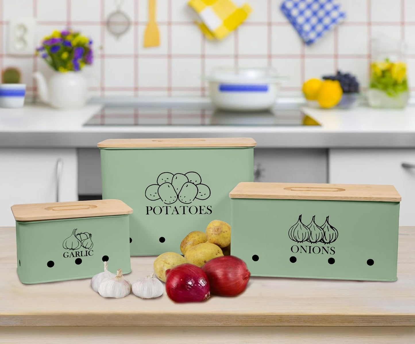 Kitchen Vegetable Storage Tins Set of 3 for Potato Onion & Garlic with Wooden Lid, Kitchen Storage Canisters Set, Long Shelf Life - Green