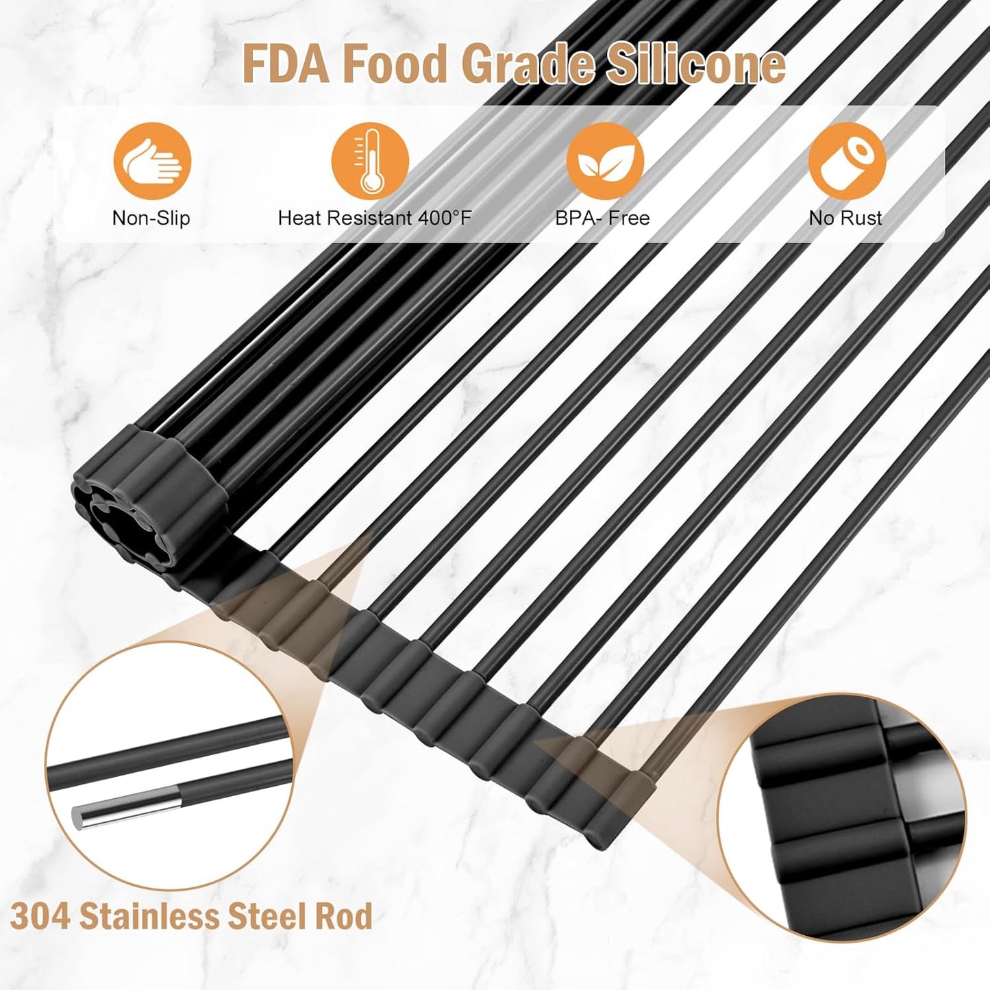 LEMIKKLE Roll Up Dish Drying Rack 17" x 13", Over The Sink Dish Drainer Rack, Foldable Sink Drying Rack, Anti-Slip Silicone Wrapped Dish Drainer for Kitchen Counter (Black)