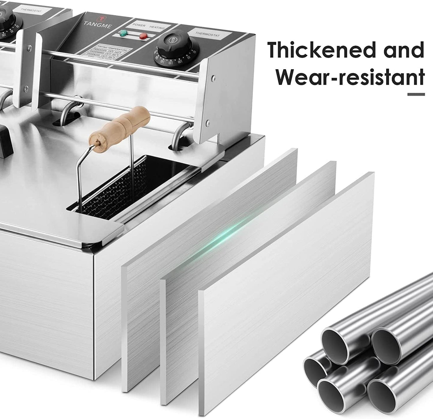 TANGME Commercial Deep Fryer, 3400w Electric Countertop Fryer with 3 Baskets, 22L/23.25Qt 1mm Thickened Stainless Steel Oil Fryer with Temperature Limiter for Restaurant, UL Certified
