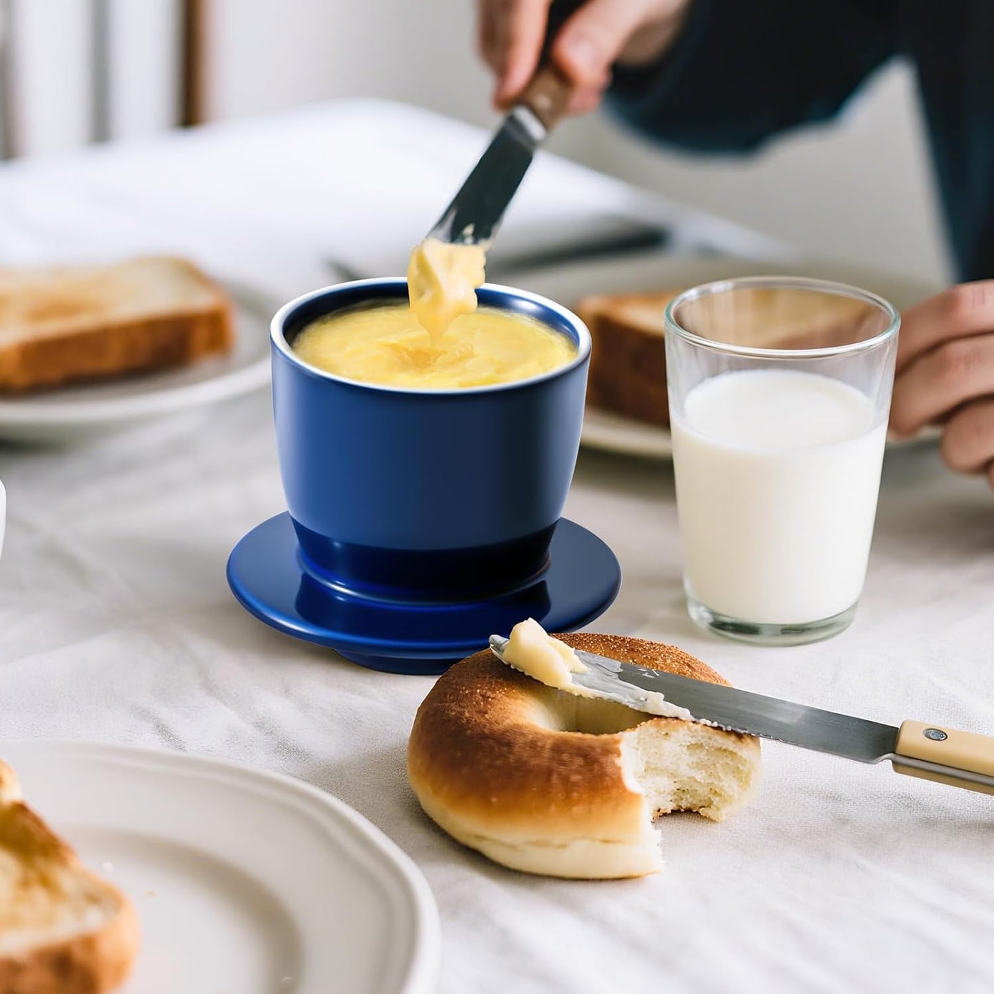 Large Butter Crock Bell for Counter with Water Line, Butter Keeper, Ceramic French Butter Dish Holder for Fresh Spreadable Soft Butter (Blue, 8 Ounce)