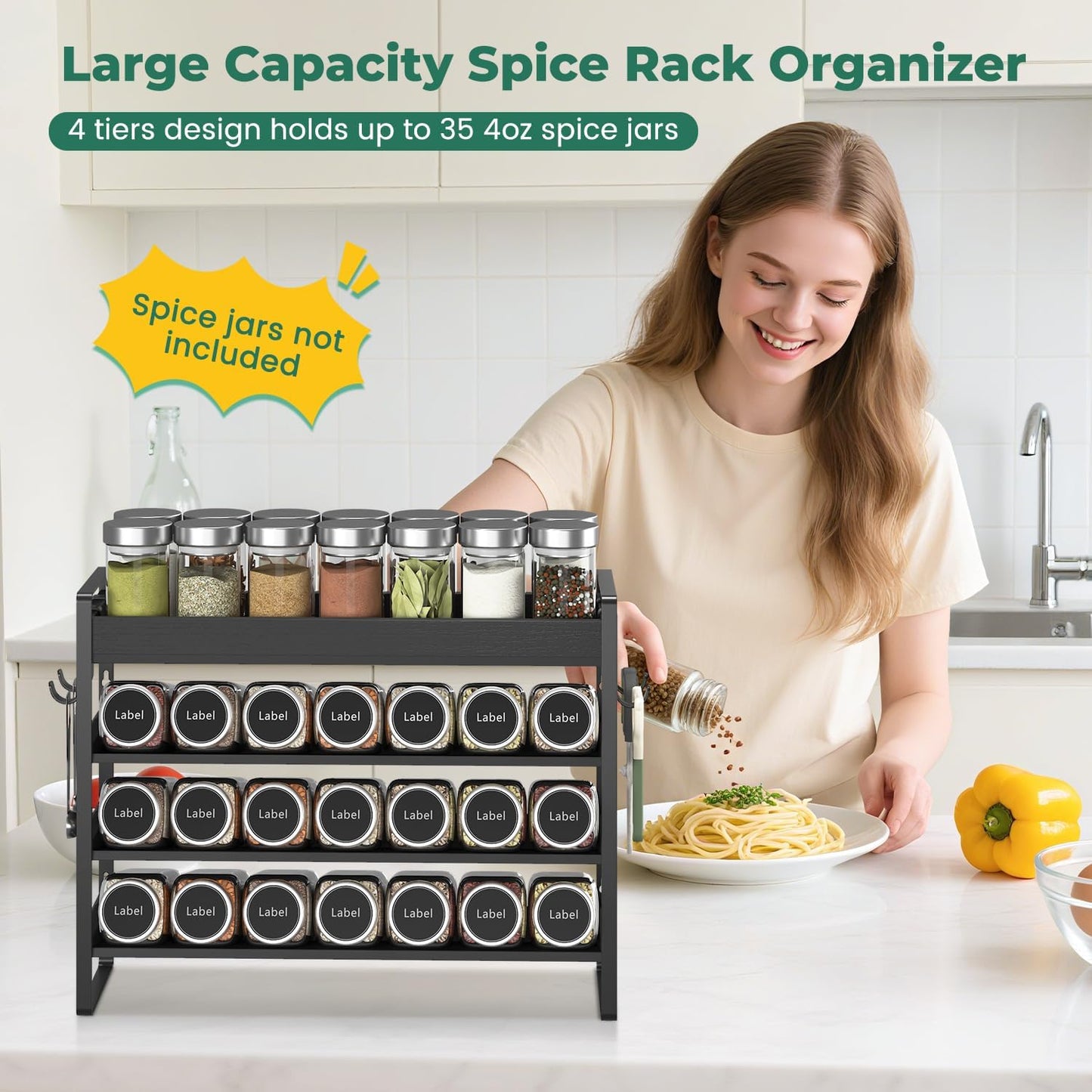 EsLuker.ly Spice Seasoning Rack Organizer Kitchen Countertop, 4 Tier Bamboo Spice Shelf Holder Storage with 4 Hooks, Wall Mounted Freestanding Stand for Pantry, Black (Jars Not Included)