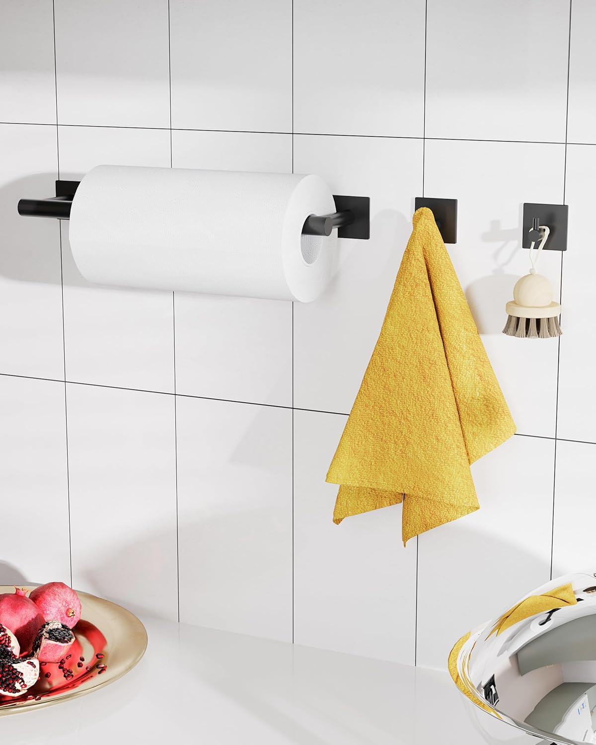 Paper Towel Holder Under Cabinet, Self Adhesive or Wall Mounted SUS304 Stainless Steel Paper Towel Holder for Kitchen, Bathroom(2 Towel Hooks, Matte Black)