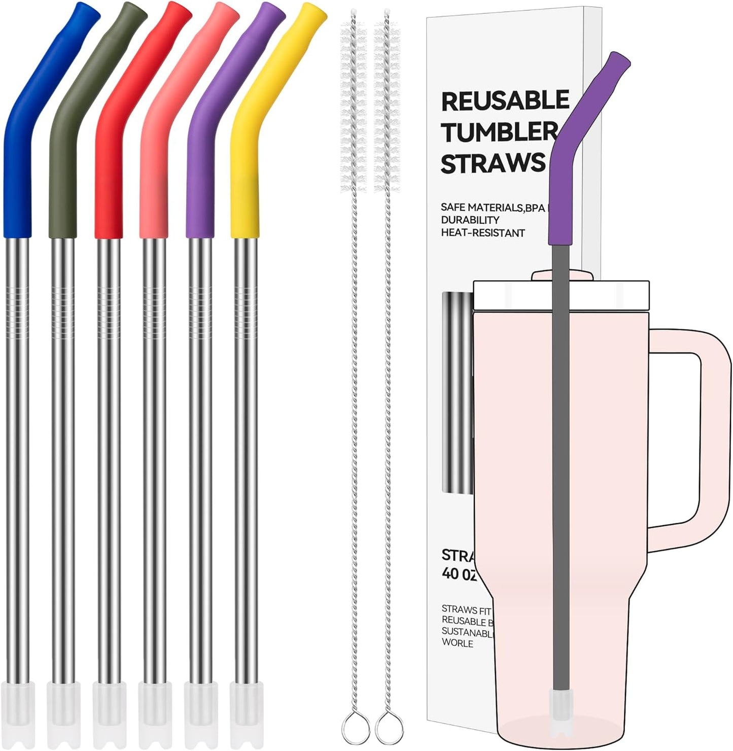 40 oz Straight Metal Straws for 40 oz Stanley Tumbler, 6Pcs Stainless Steel Reusable Drinking Metal Straw with Colourful Silicone Tips,Straw for Glass Cups, BPA FREE