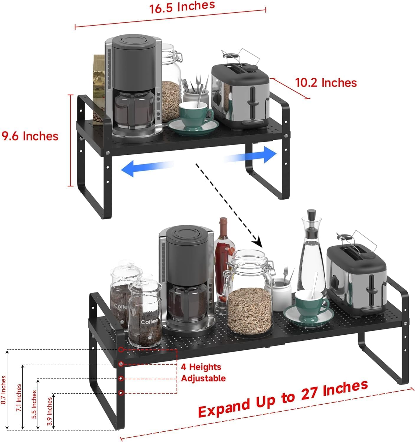 Expandable Cabinet Shelf Organizer Adjustable Metal Spice Rack Stackable Freestanding Counter Storage Shelves for Kitchen Cabinet Under Sink Office Desk (Black - 3Pack - L16.5-27'' * W10.2'' * H9.6'')