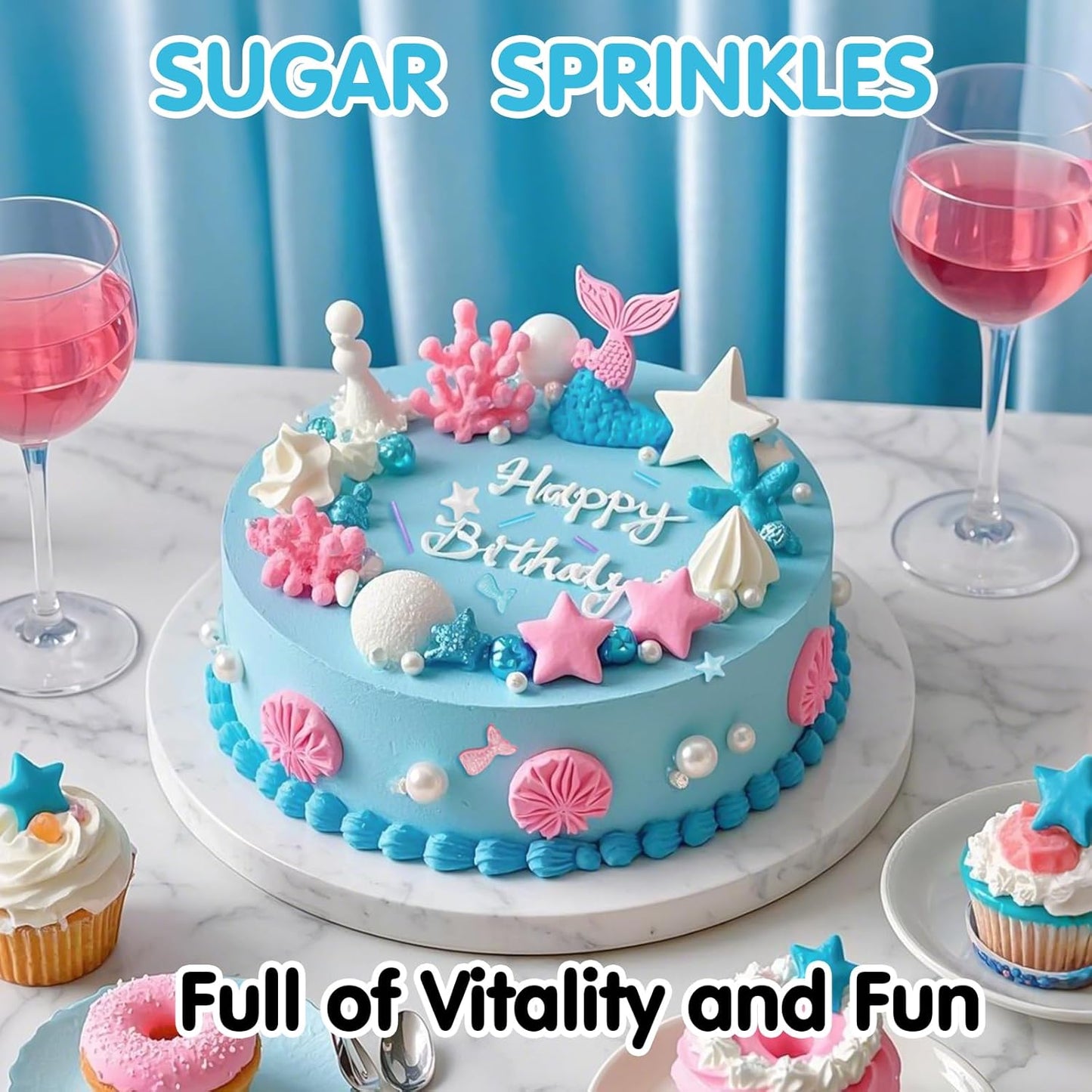 Mermaid Sprinkles,Edible Sugar Pearl Stars Jimmies Mix 130g/4.58oz,Pearl Candy Ocean Sprinkles,Summer Baking Cake Fun Decorations,Perfect for Baking,Ice Cream,Cookies,Dessert,Cupcake Topper,Birthday Children's Day Party Supplies ﻿