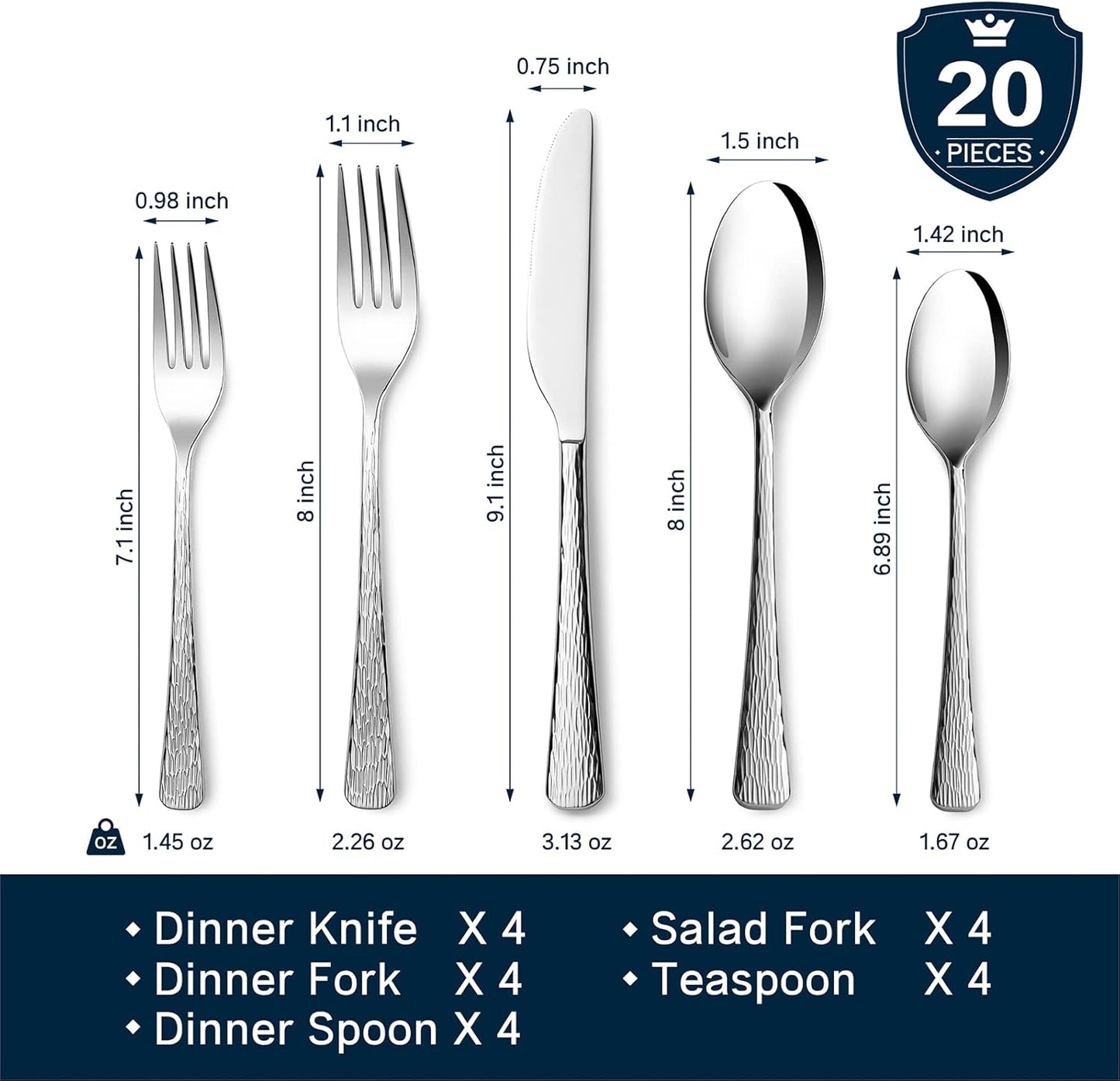 KINGSTONE Hammered Silverware Set, Flatware Set, 18/10 Stainless Steel Premium Cutlery with Unique Ripple Handles Design Mirror Polished - Dishwasher Safe (20-Piece)