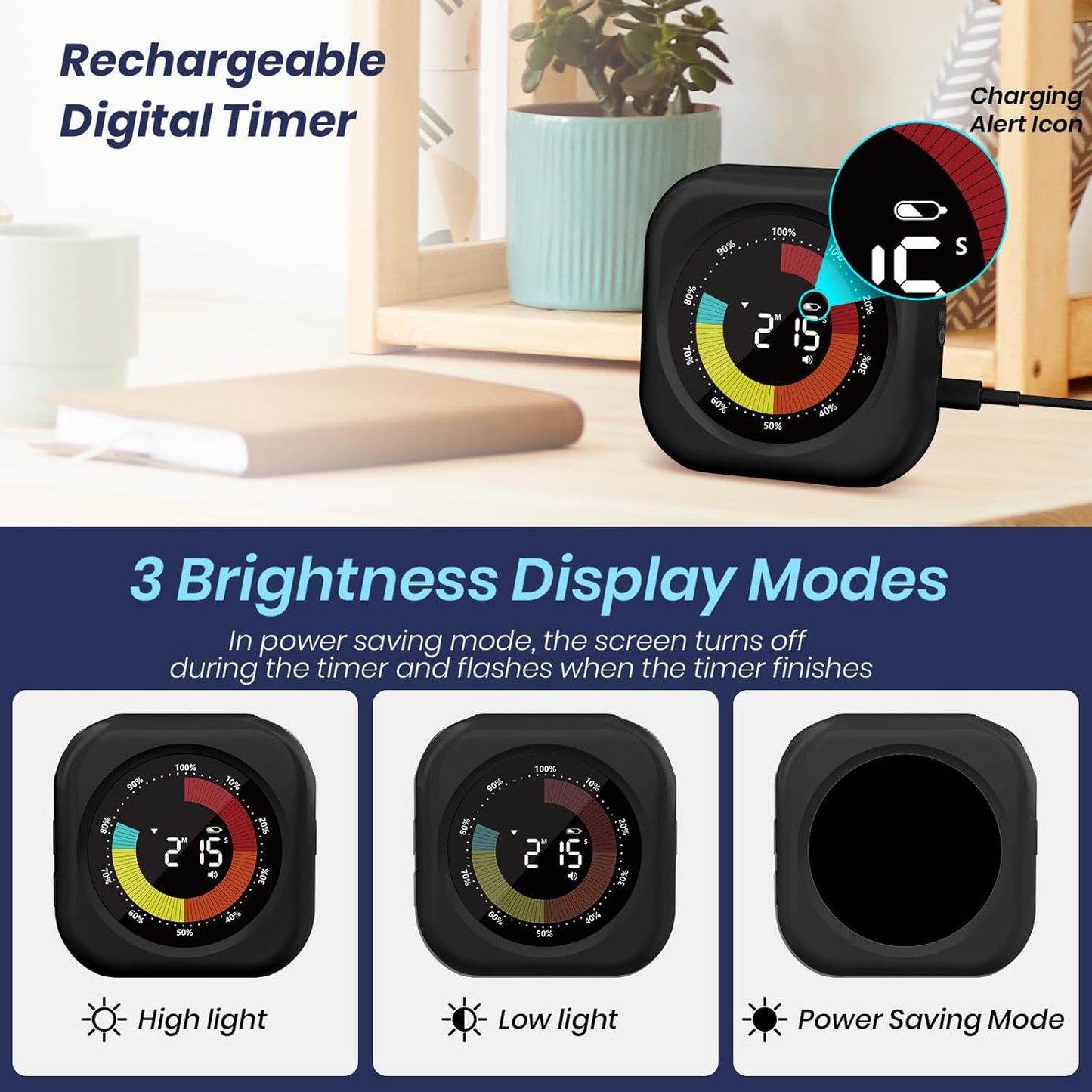 Visual Timer for Kids, 10 Hours Countdown/Up, with Rechargeable, 3 Volume Levels, 3 Brightness Display, and Magnetic, Homeschool Study Tool, Large Digital Timers for Classroom, Kitchen