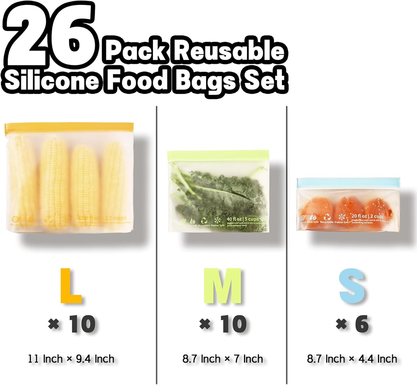 26 Pack Reusable Food Storage Bags,Leakproof Freezer Bags BPA Free Stand Up Sandwich Bags for Lunch Salad Fruit Travel,Dishwasher Safe(10 Gallon,10 Sandwich,6 Snack)